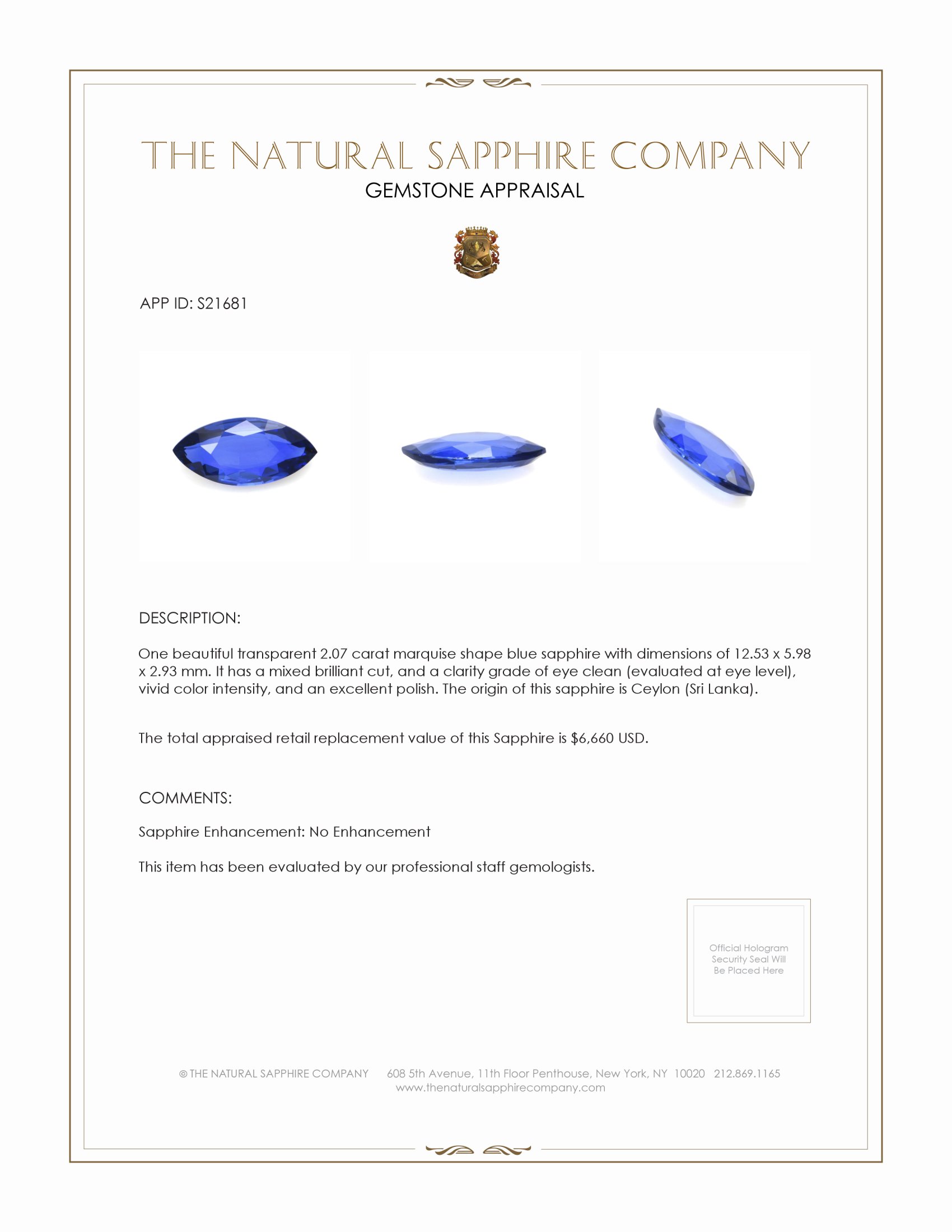 2.07 Ct. Blue Sapphire from Ceylon (Sri Lanka)