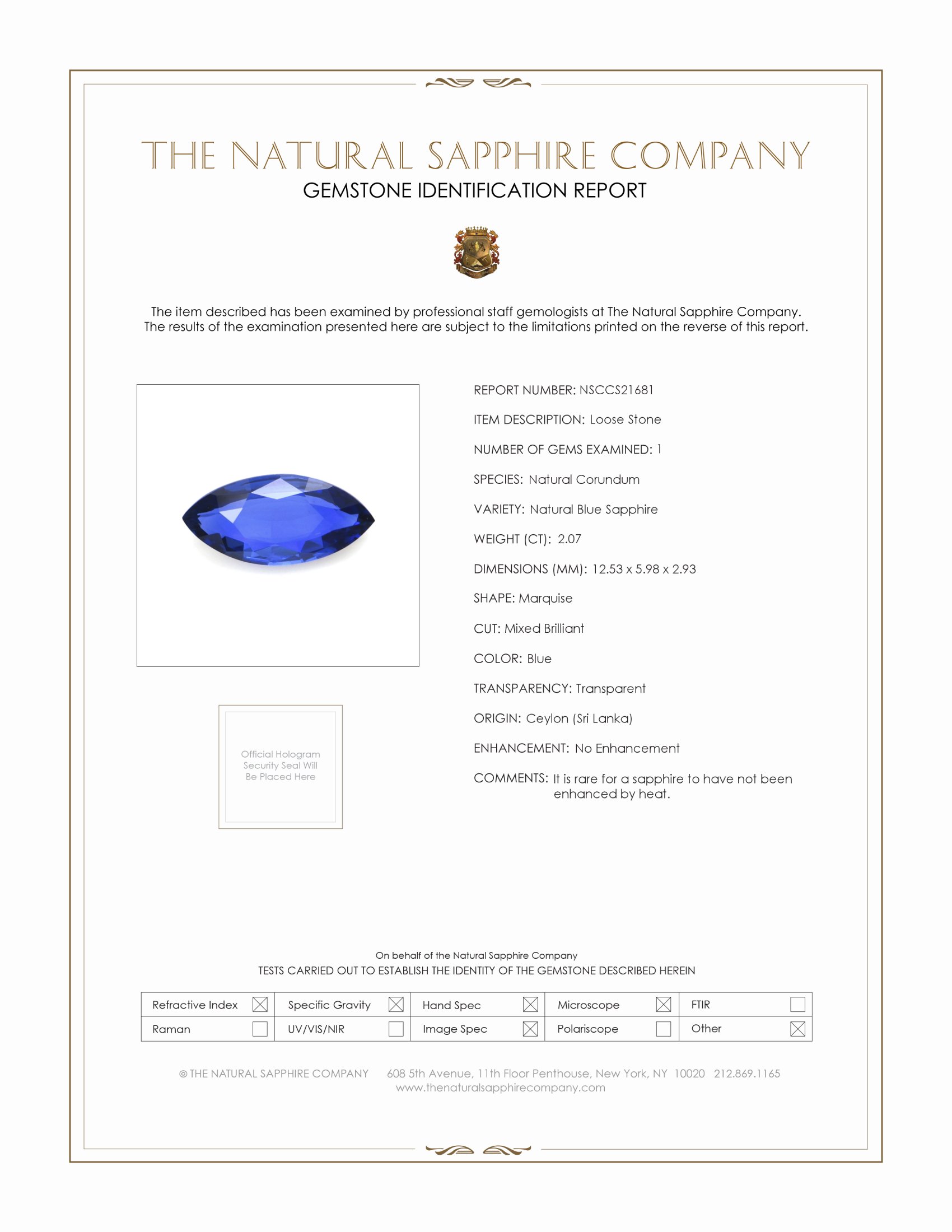 2.07 Ct. Blue Sapphire from Ceylon (Sri Lanka)