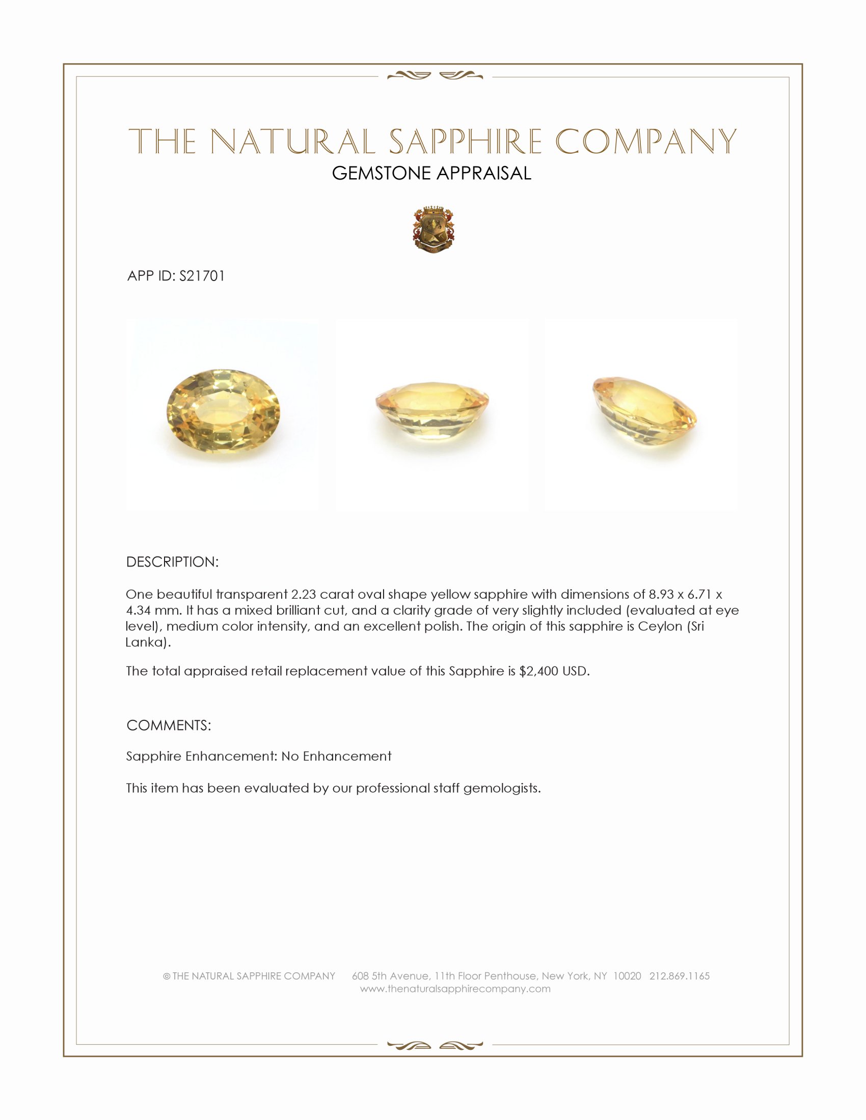 2.23 Ct. Yellow Sapphire from Ceylon (Sri Lanka)