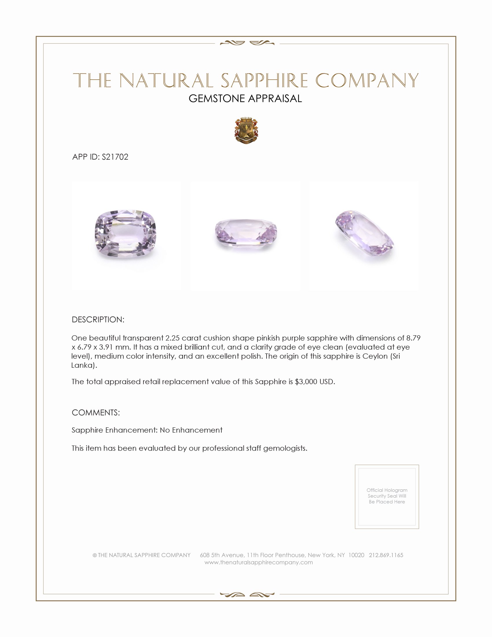 2.25 Ct. Purple Sapphire from Ceylon (Sri Lanka)