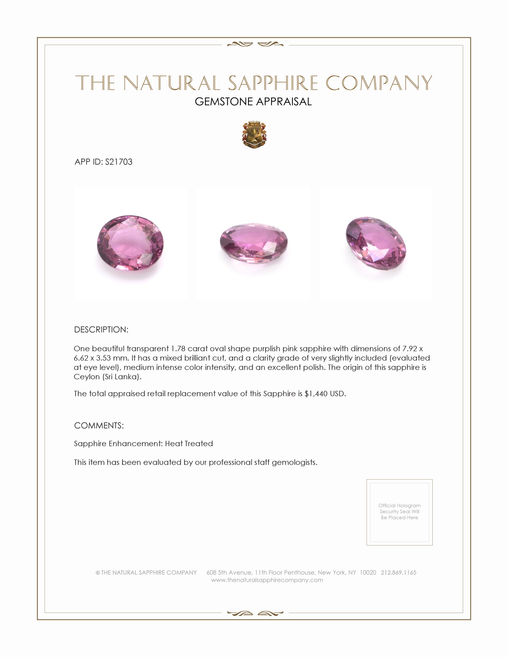 1.78 Ct. Purplish Pink Sapphire from Ceylon (Sri Lanka)