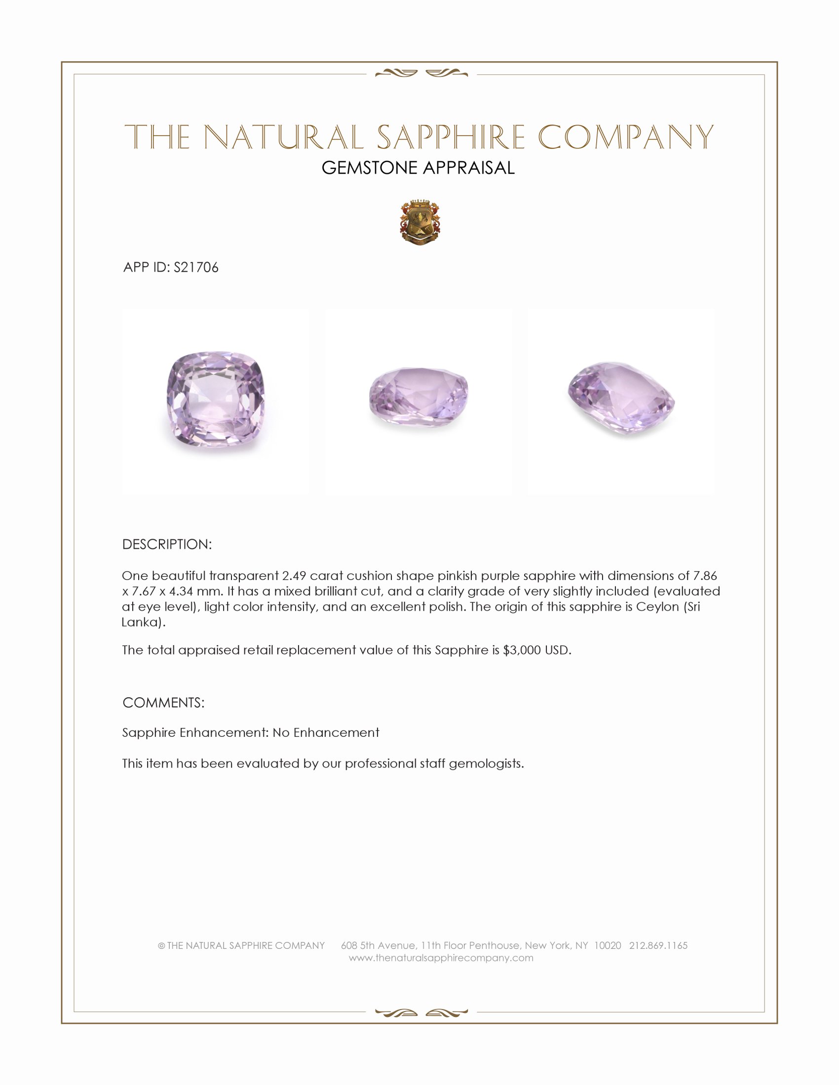 2.49 Ct. Pinkish Purple Sapphire from Ceylon (Sri Lanka)