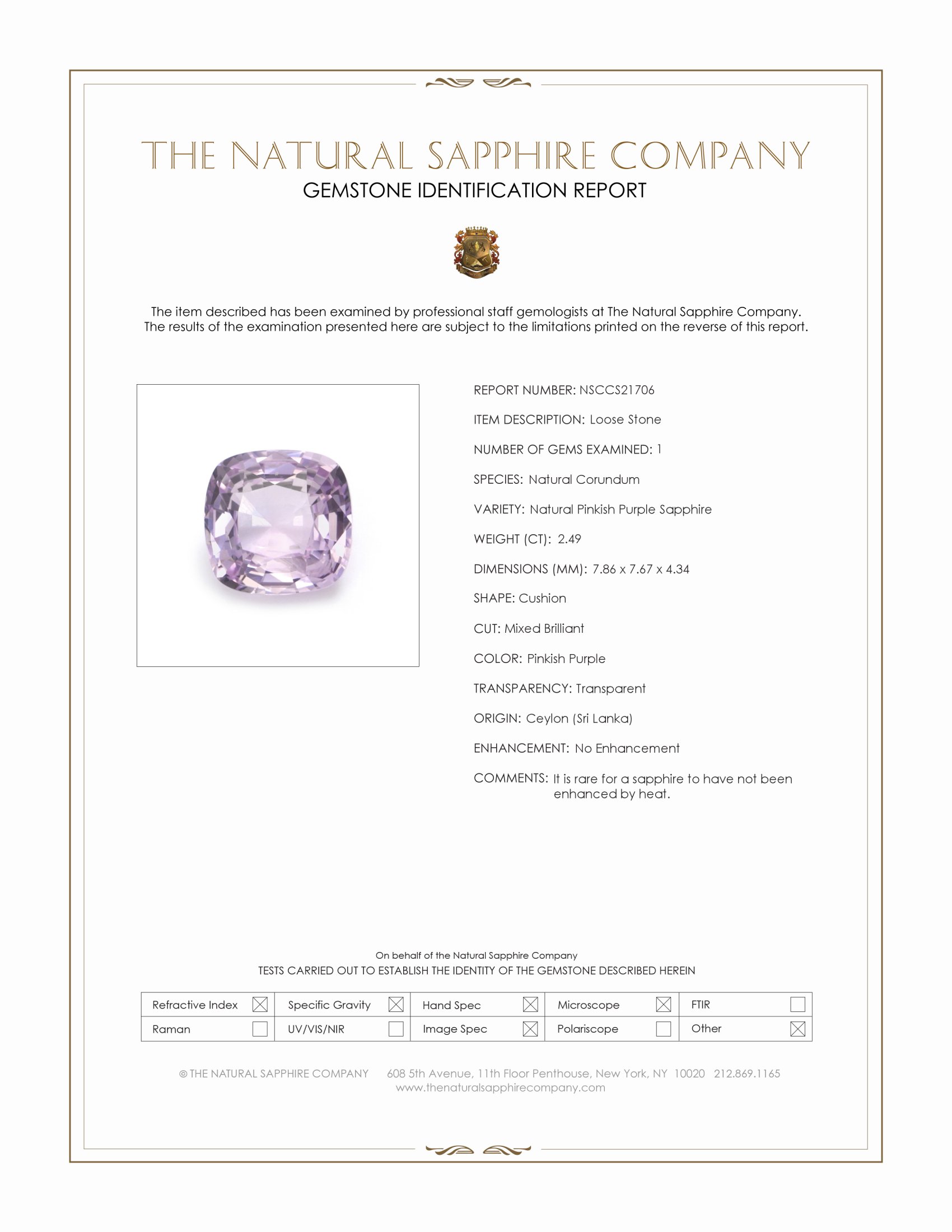 2.49 Ct. Pinkish Purple Sapphire from Ceylon (Sri Lanka)