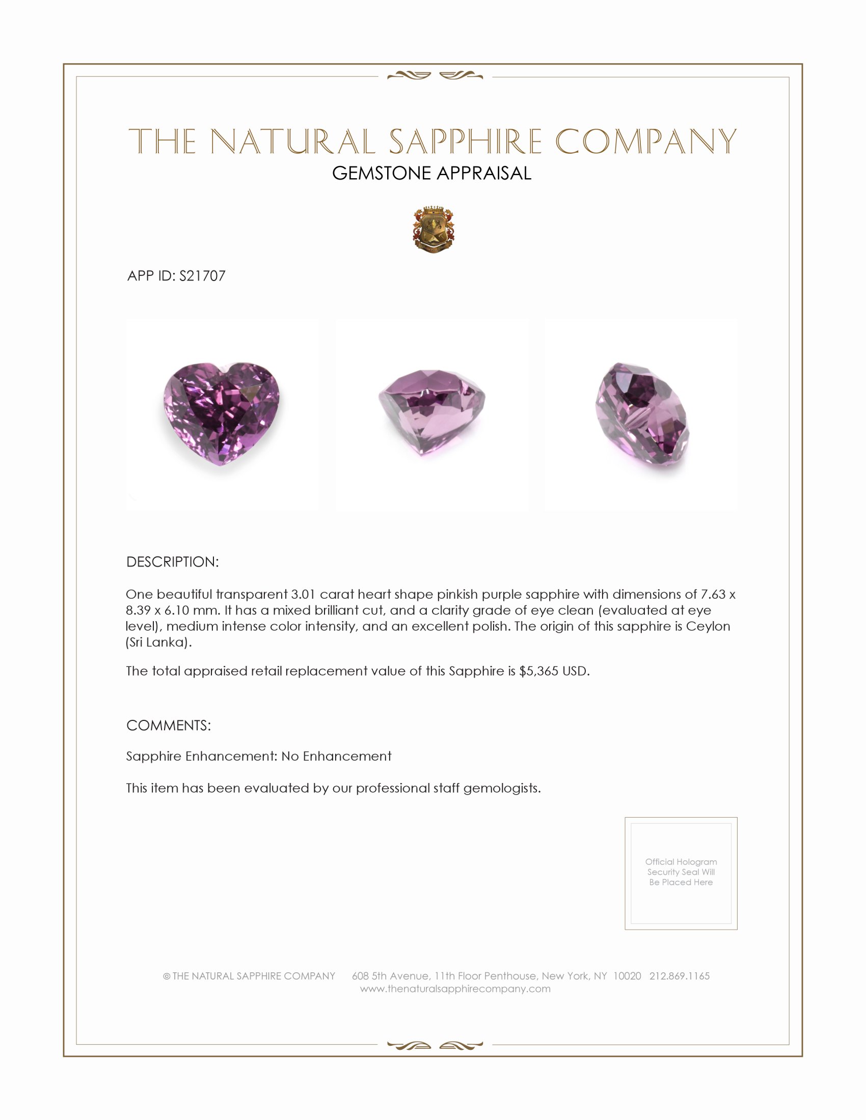3.01 Ct. Pinkish Purple Sapphire from Ceylon (Sri Lanka)
