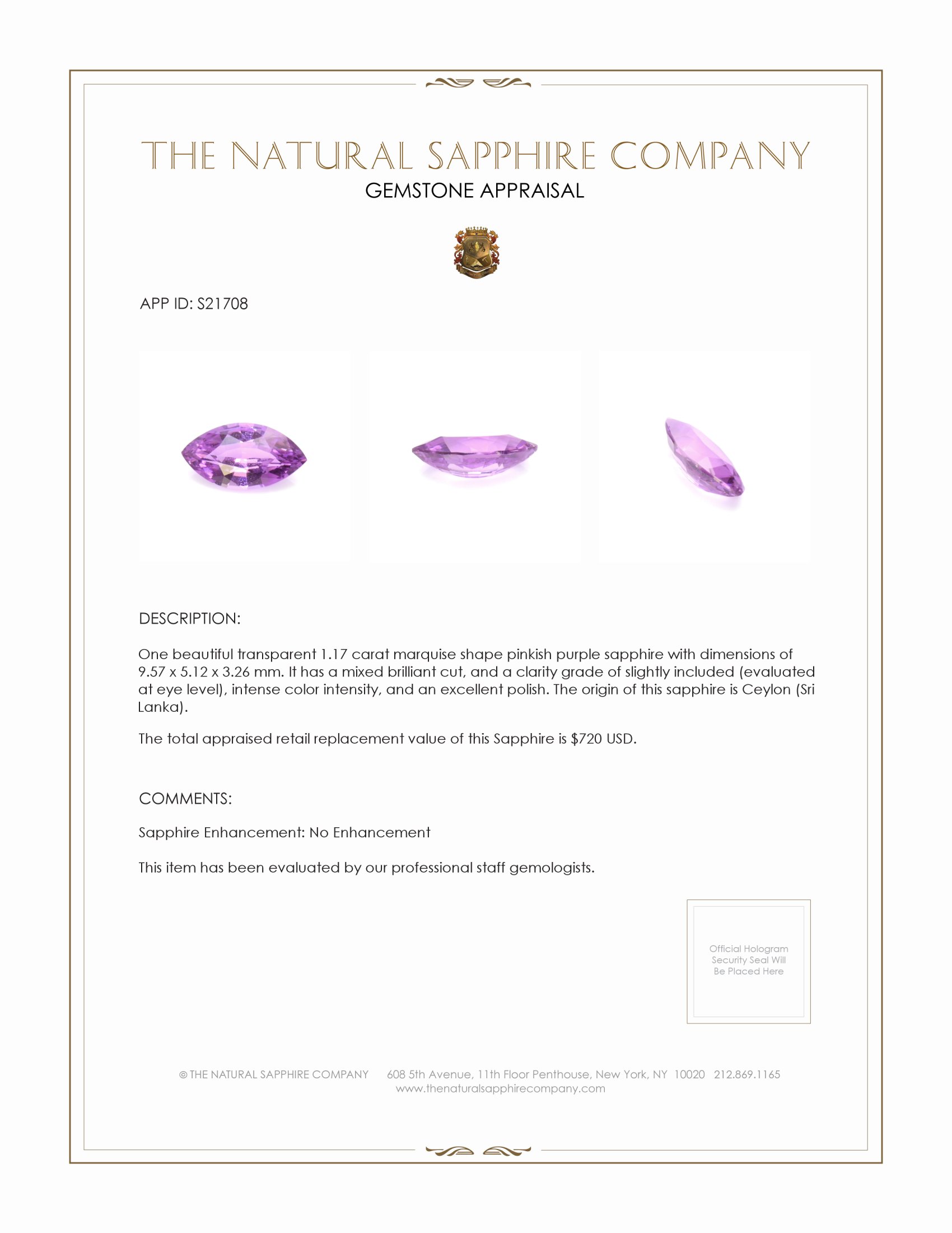 1.17 Ct. Pinkish Purple Sapphire from Ceylon (Sri Lanka)