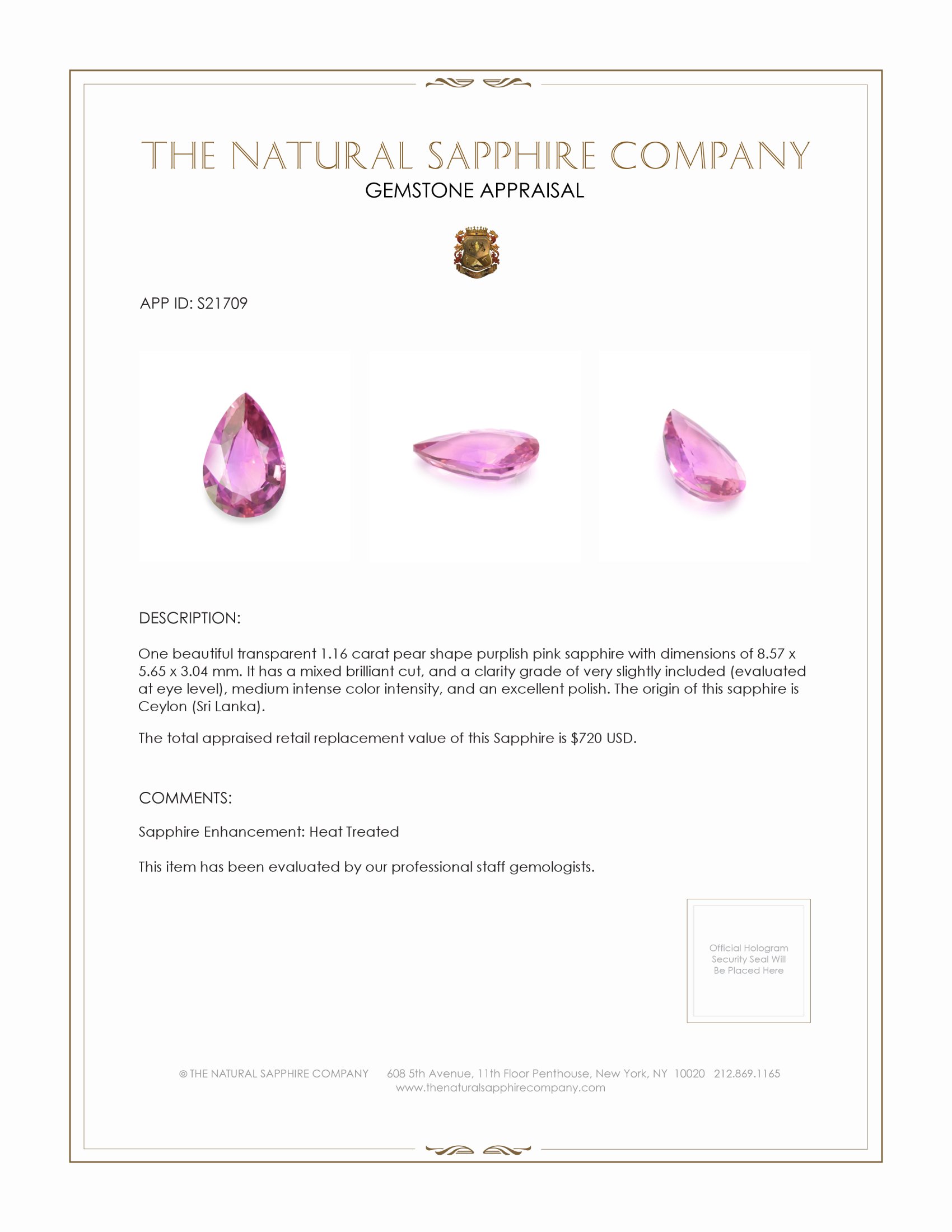 1.16 Ct. Purplish Pink Sapphire from Ceylon (Sri Lanka)