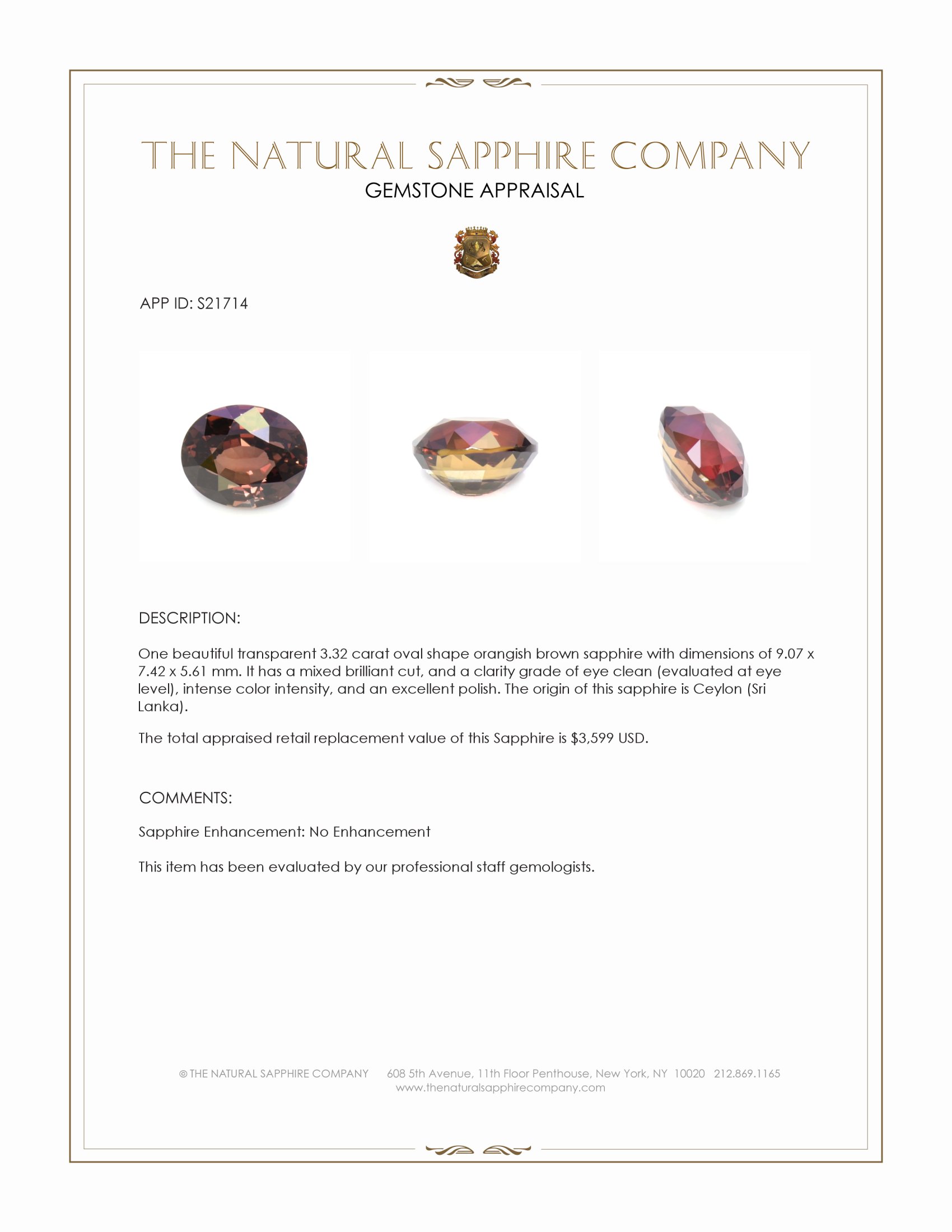 3.32 Ct. Orangish Brown Sapphire from Ceylon (Sri Lanka)