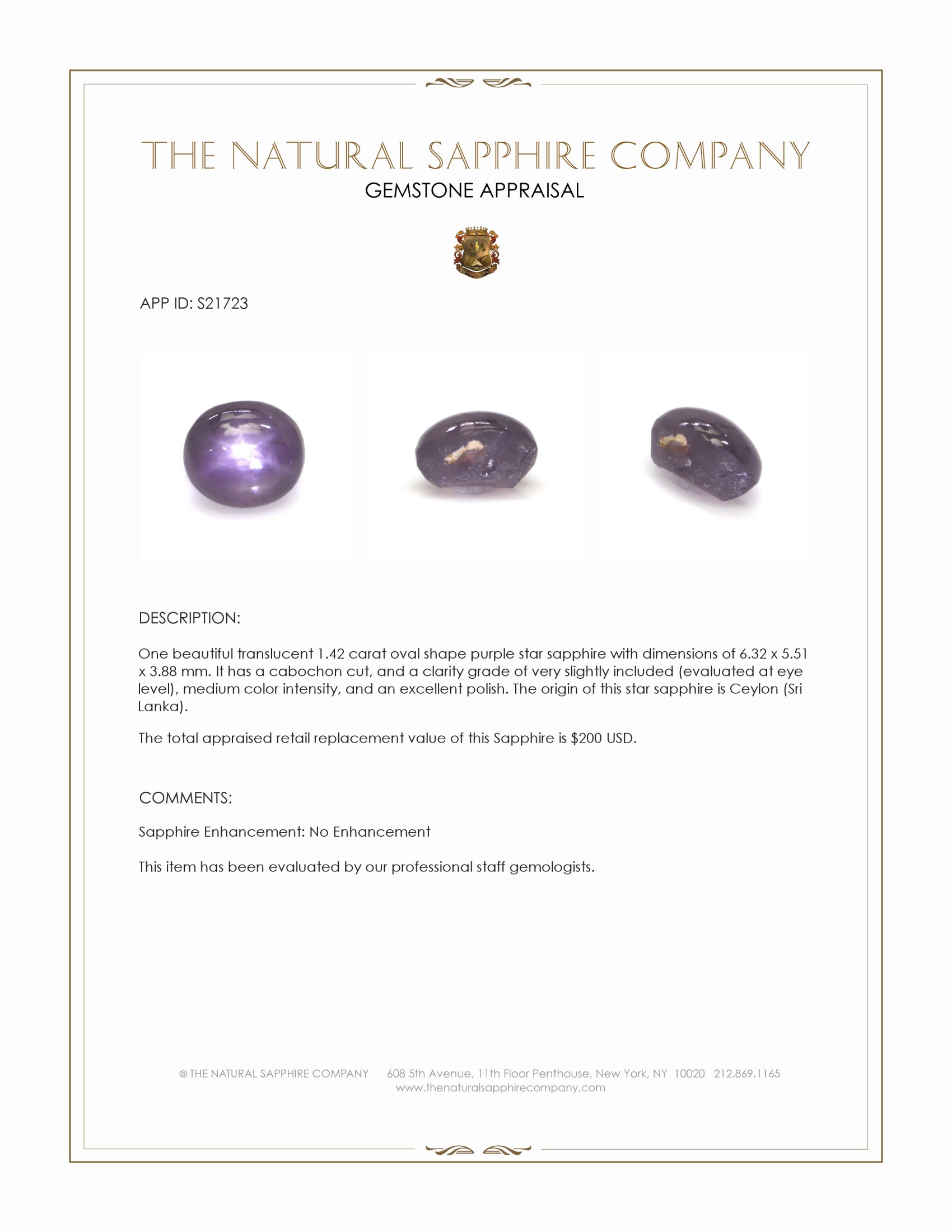 1.42 Ct. Purple Star Sapphire from Ceylon (Sri Lanka)
