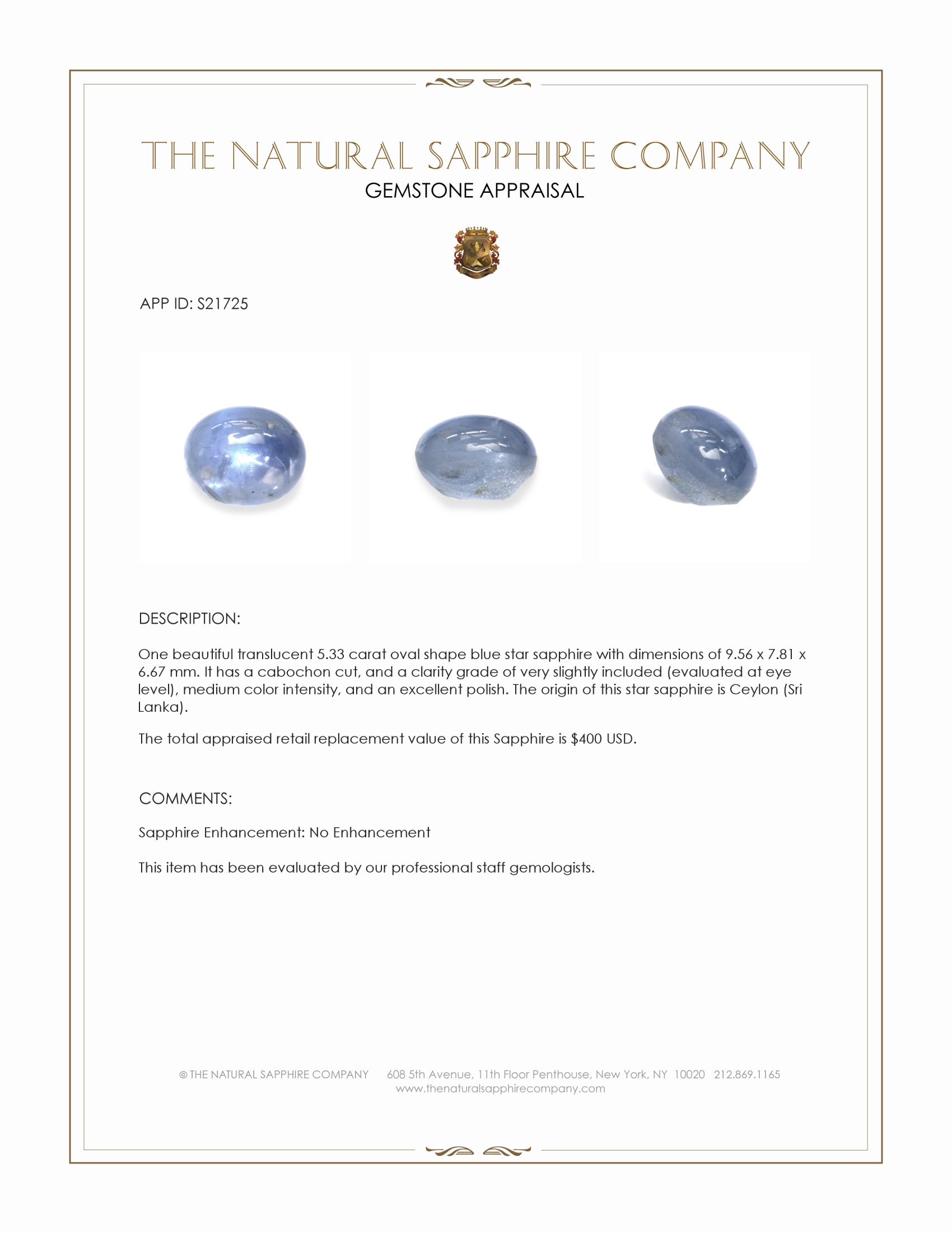 5.33 Ct. Blue Star Sapphire from Ceylon (Sri Lanka)