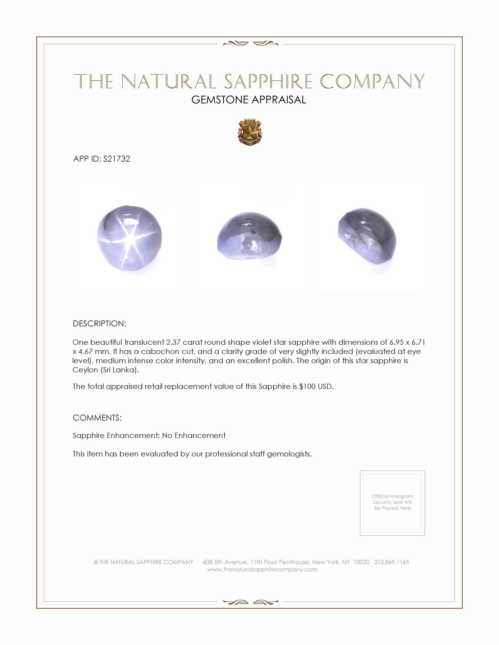 2.37 Ct. Violet Star Sapphire from Ceylon (Sri Lanka)