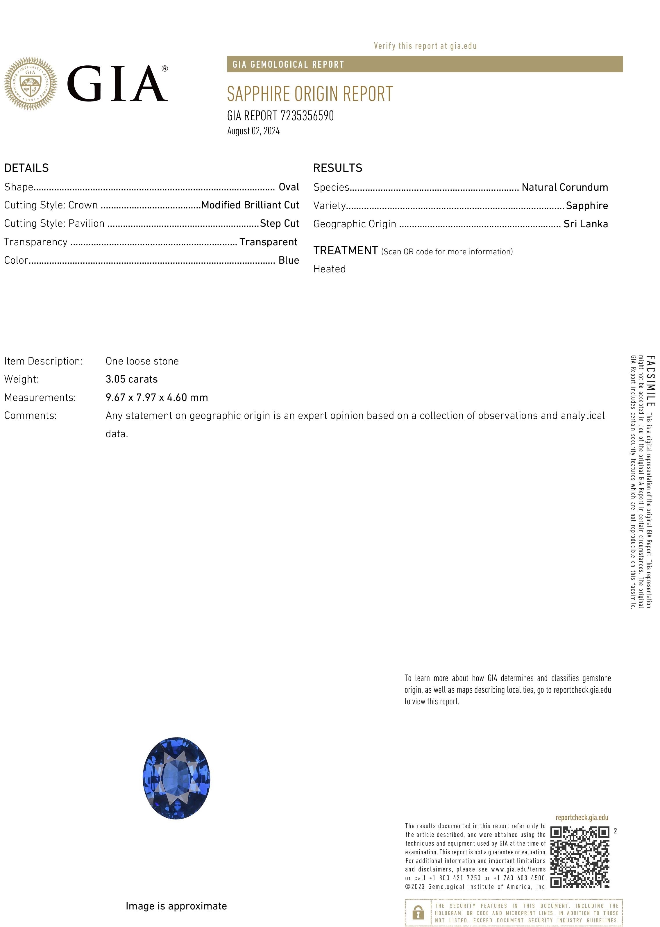 3.05 Ct. Blue Sapphire from Ceylon (Sri Lanka)