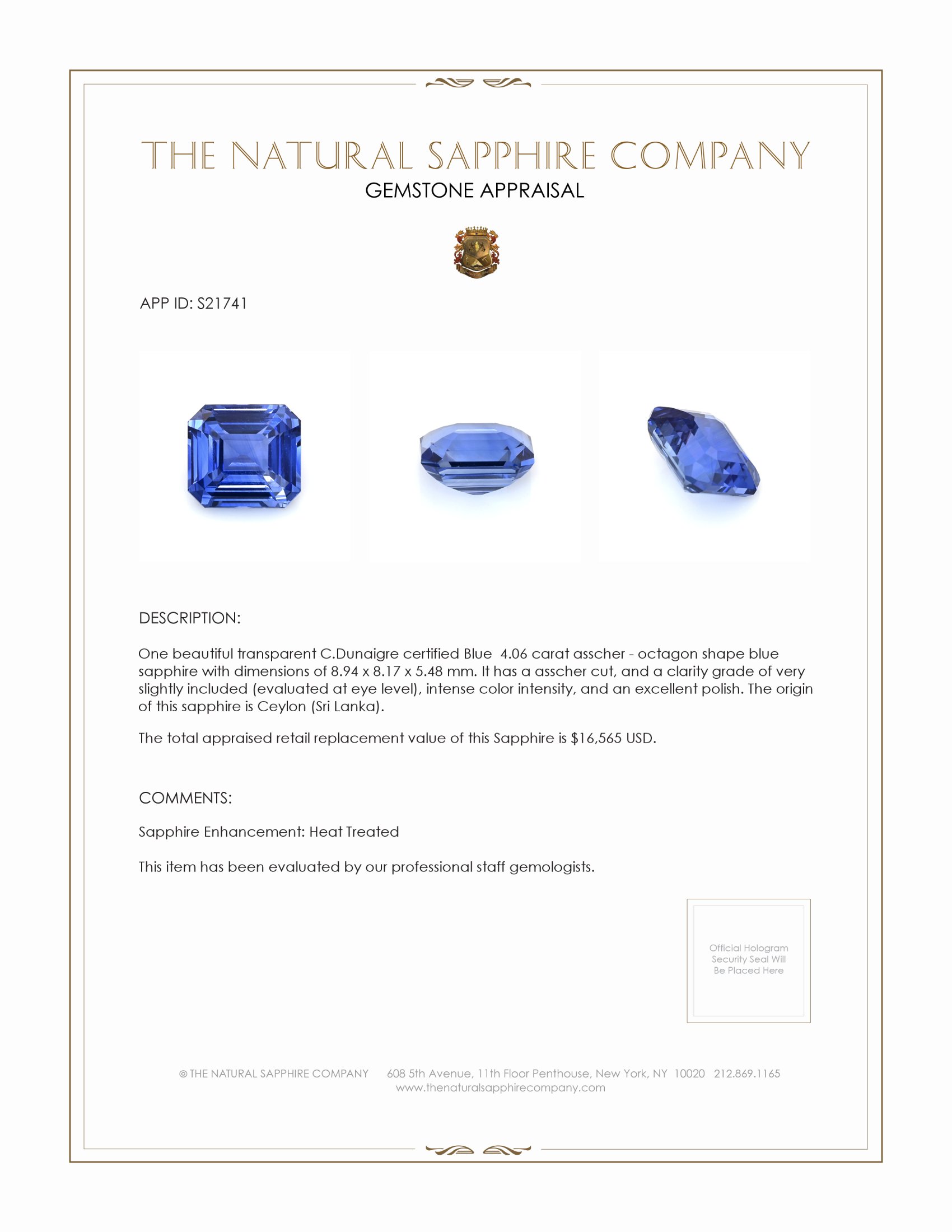 4.06 Ct. Blue Sapphire from Ceylon (Sri Lanka)
