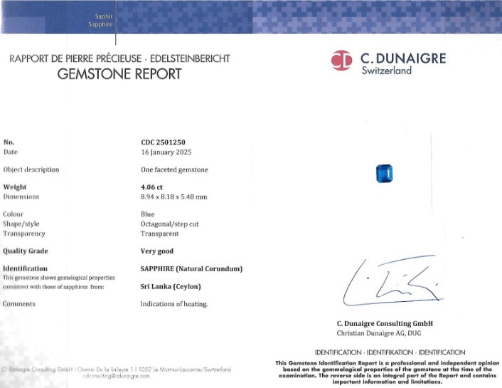 4.06 Ct. Blue Sapphire from Ceylon (Sri Lanka)