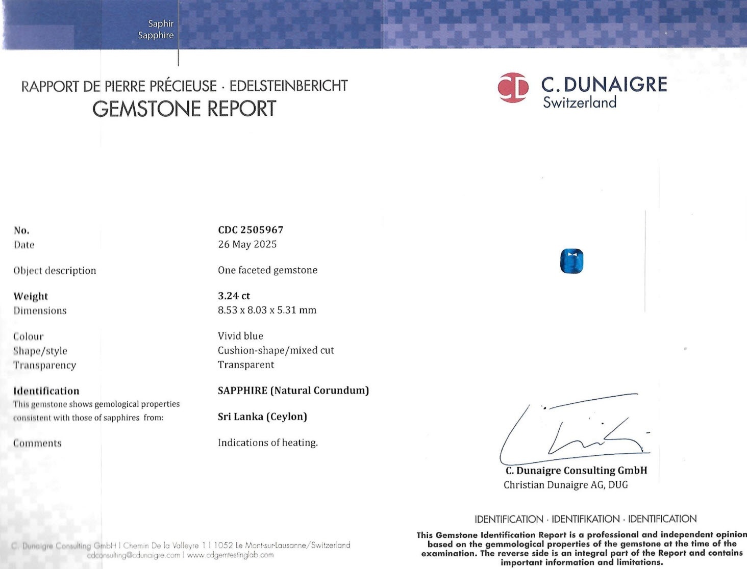 3.24 Ct. Blue Sapphire from Ceylon (Sri Lanka)