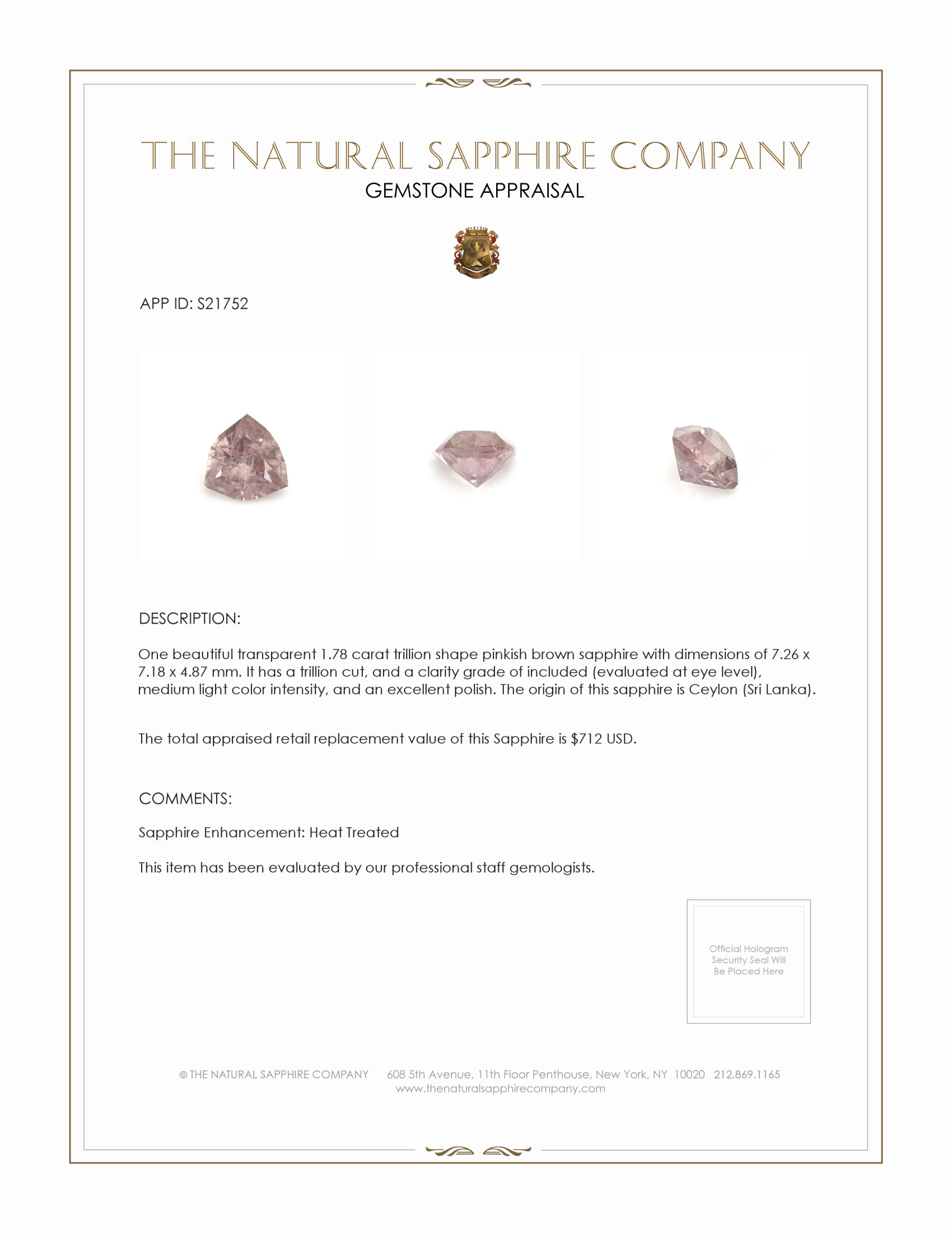 1.78 Ct. Pinkish Brown Sapphire from Ceylon (Sri Lanka)