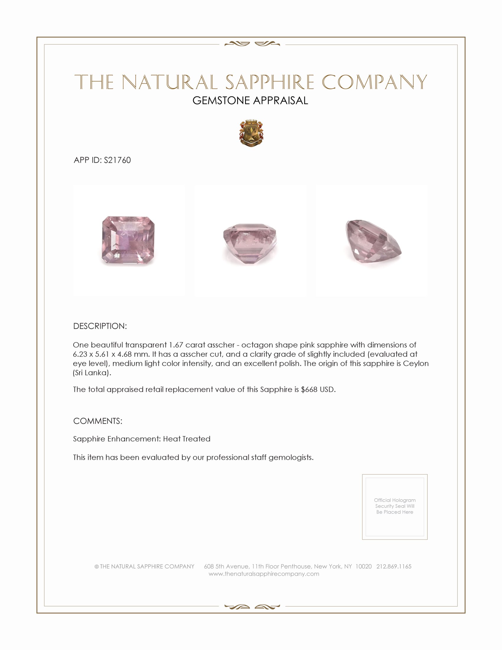 1.67 Ct. Pink Sapphire from Ceylon (Sri Lanka)