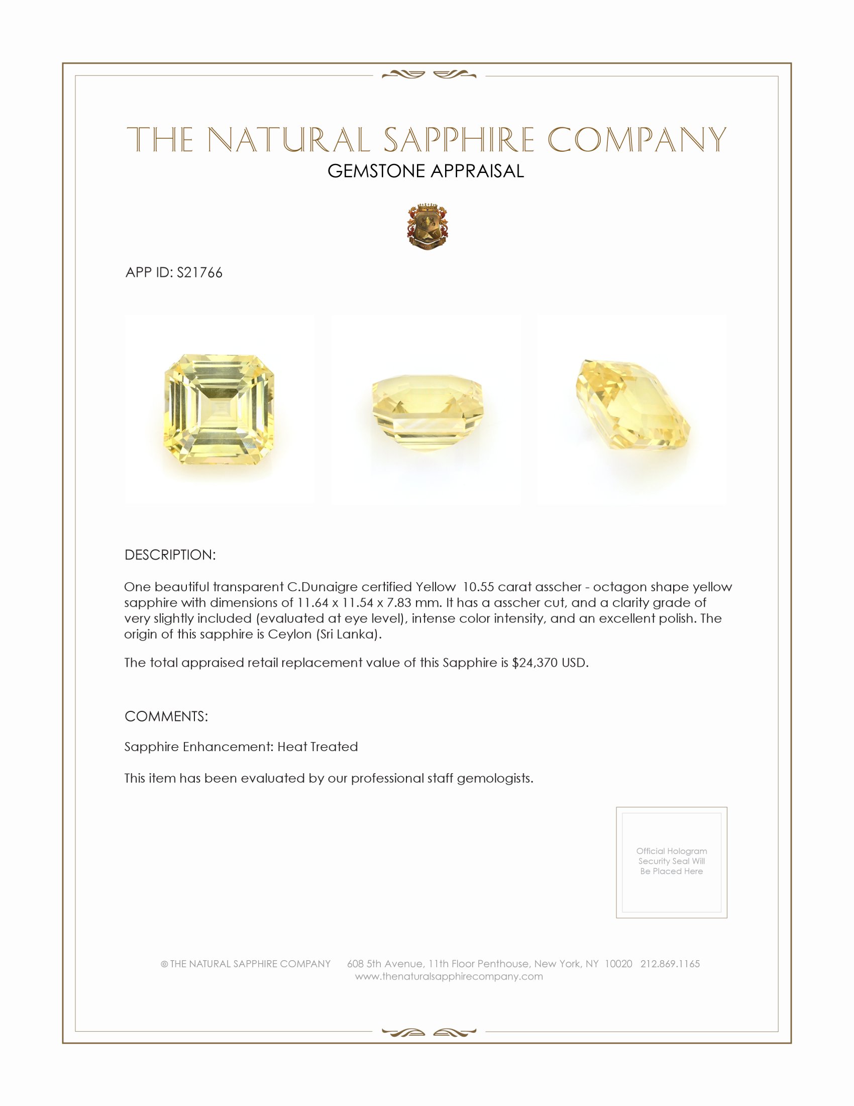 10.55 Ct. Yellow Sapphire from Ceylon (Sri Lanka)