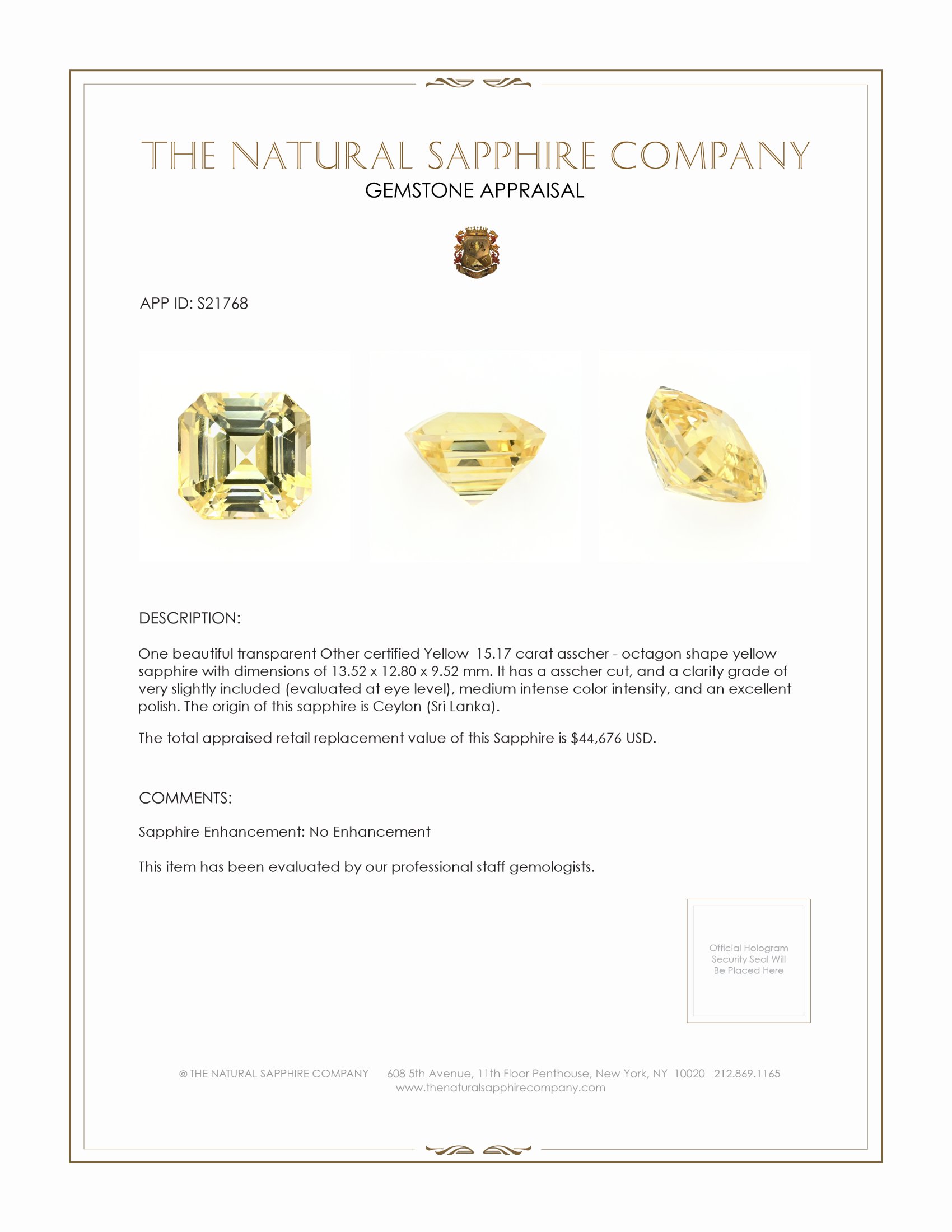 15.17 Ct. Yellow Sapphire from Ceylon (Sri Lanka)