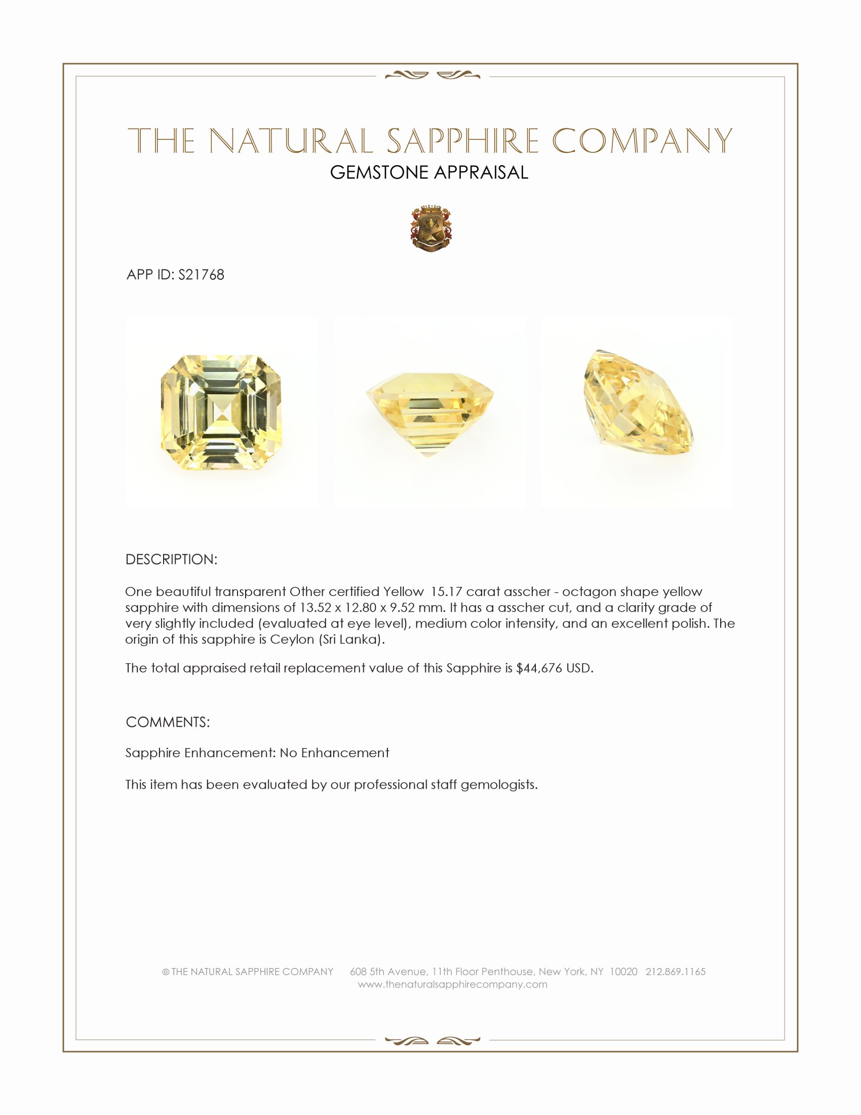 15.17 Ct. Yellow Sapphire from Ceylon (Sri Lanka)