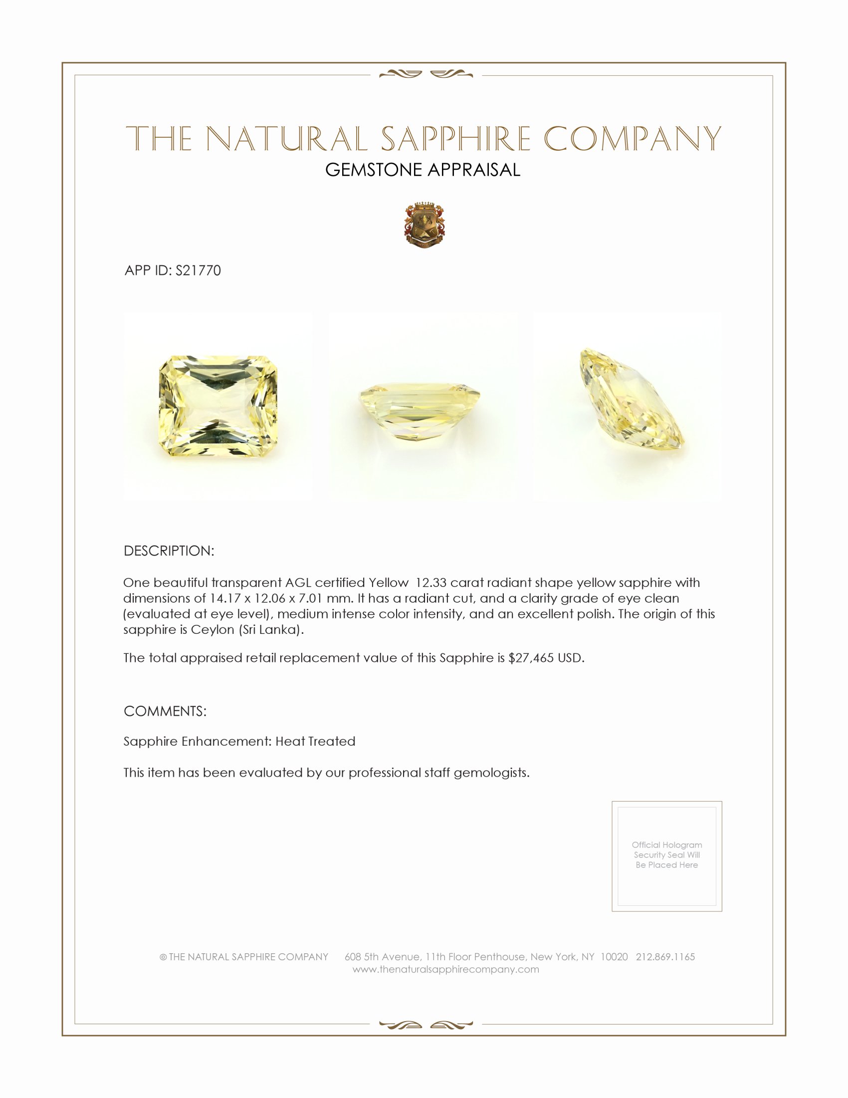 12.33 Ct. Yellow Sapphire from Ceylon (Sri Lanka)