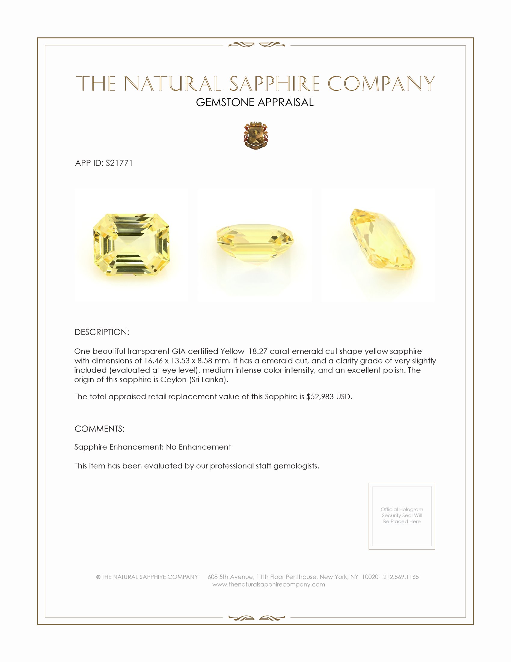 18.27 Ct. Yellow Sapphire from Ceylon (Sri Lanka)