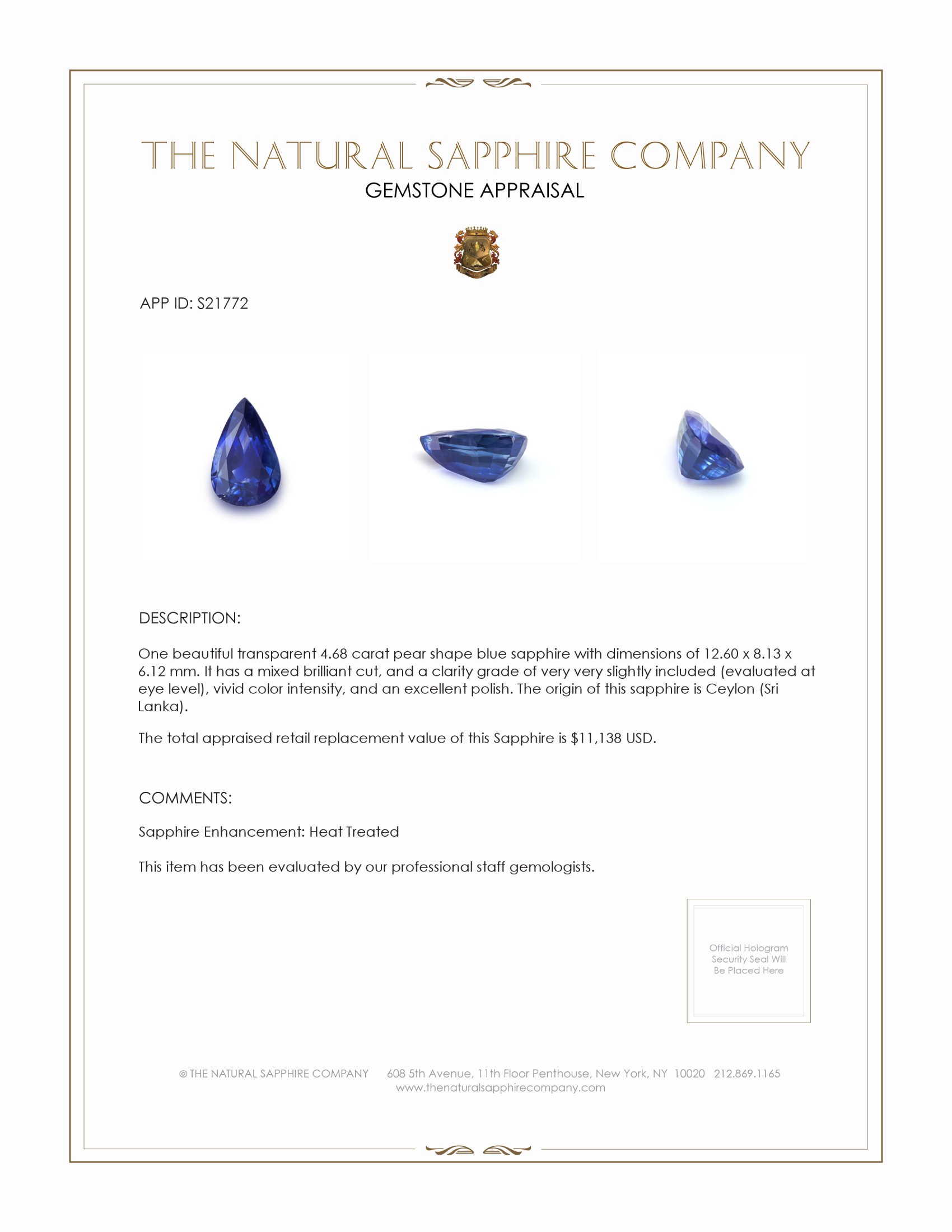 4.68 Ct. Blue Sapphire from Ceylon (Sri Lanka)