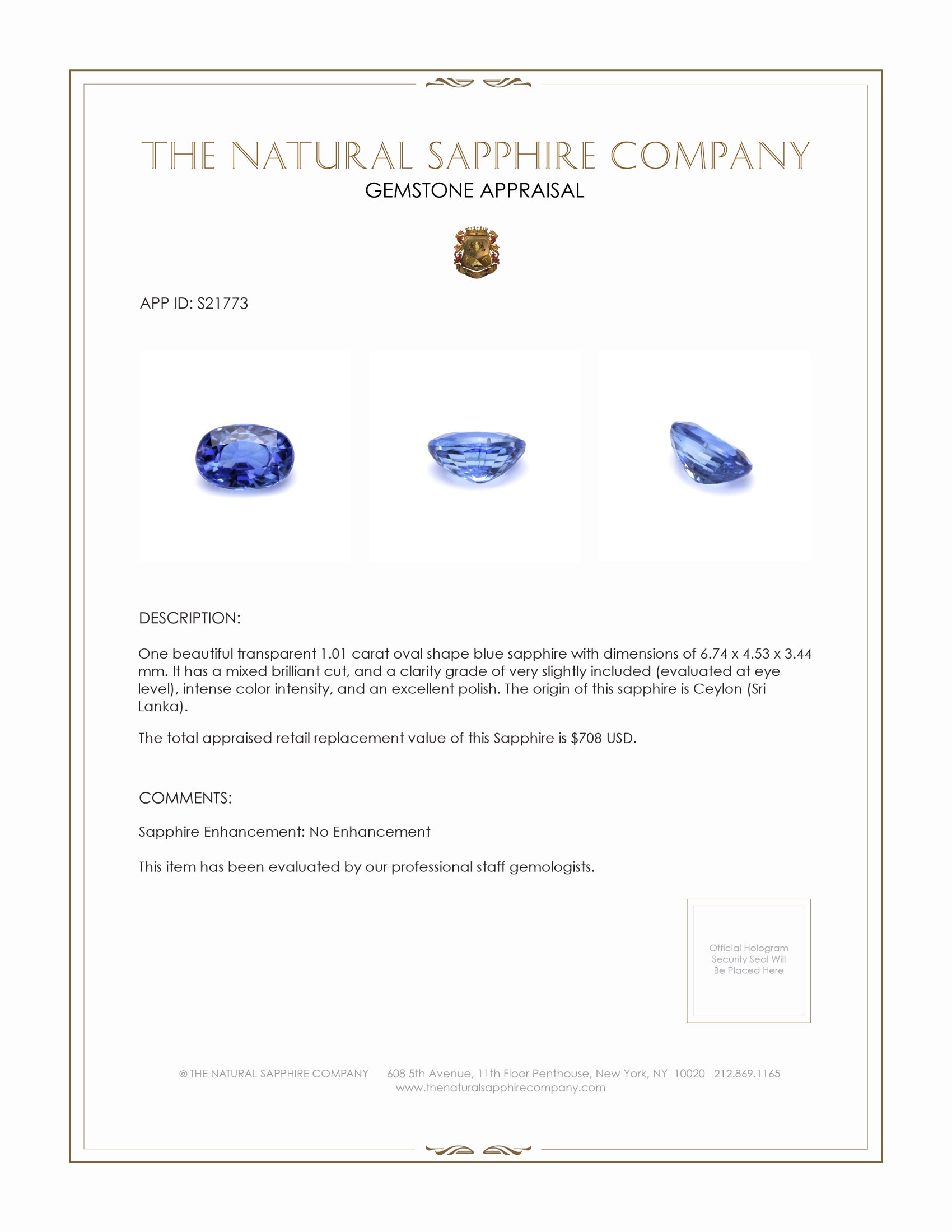 1.01 Ct. Blue Sapphire from Ceylon (Sri Lanka)