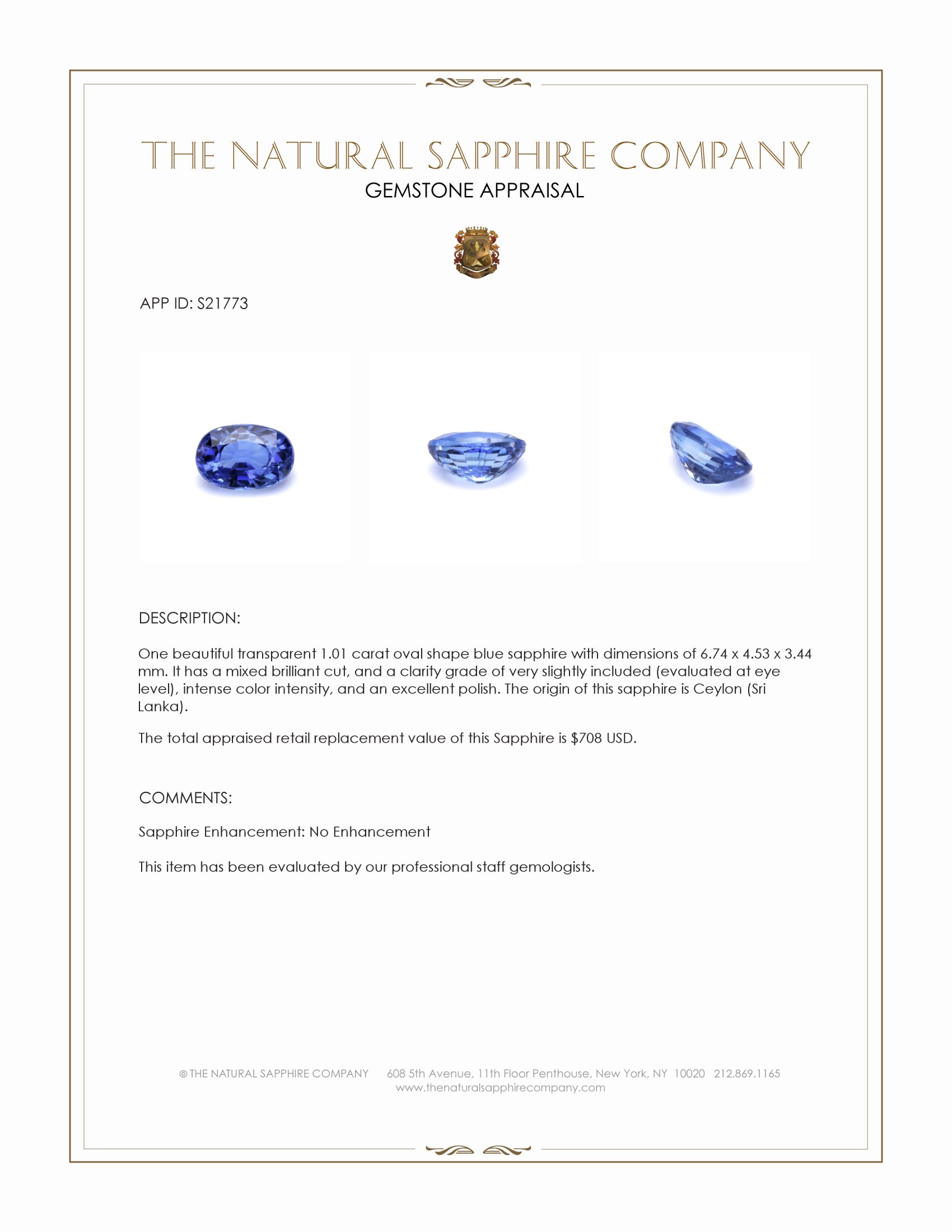 1.01 Ct. Blue Sapphire from Ceylon (Sri Lanka)