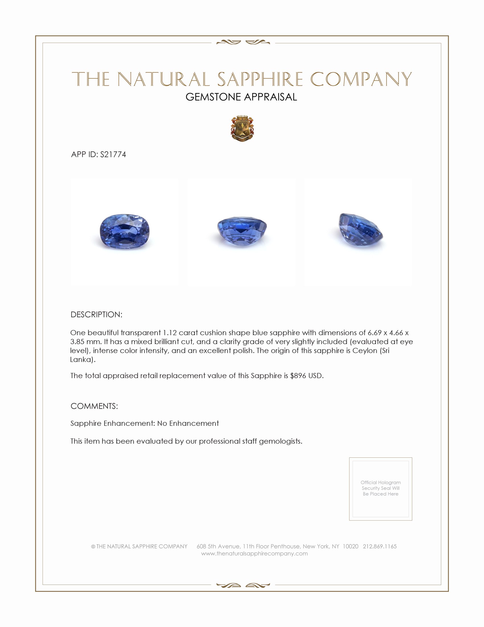 1.12 Ct. Blue Sapphire from Ceylon (Sri Lanka)