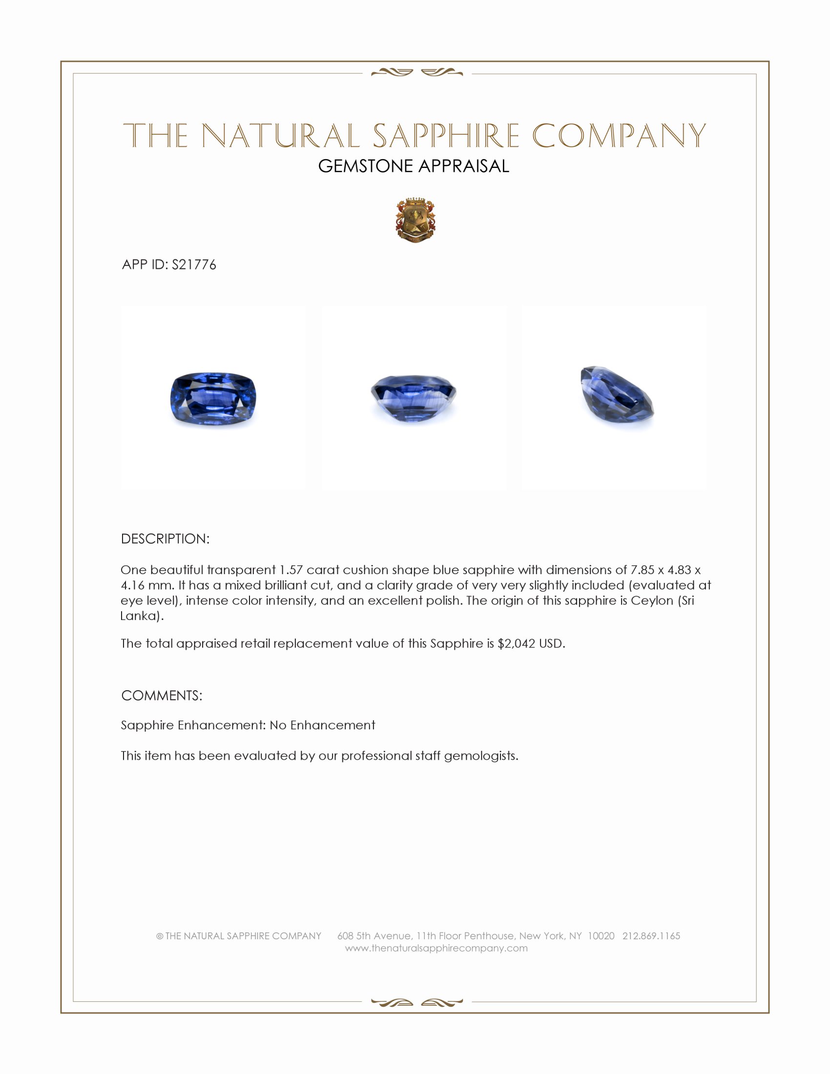 1.57 Ct. Blue Sapphire from Ceylon (Sri Lanka)