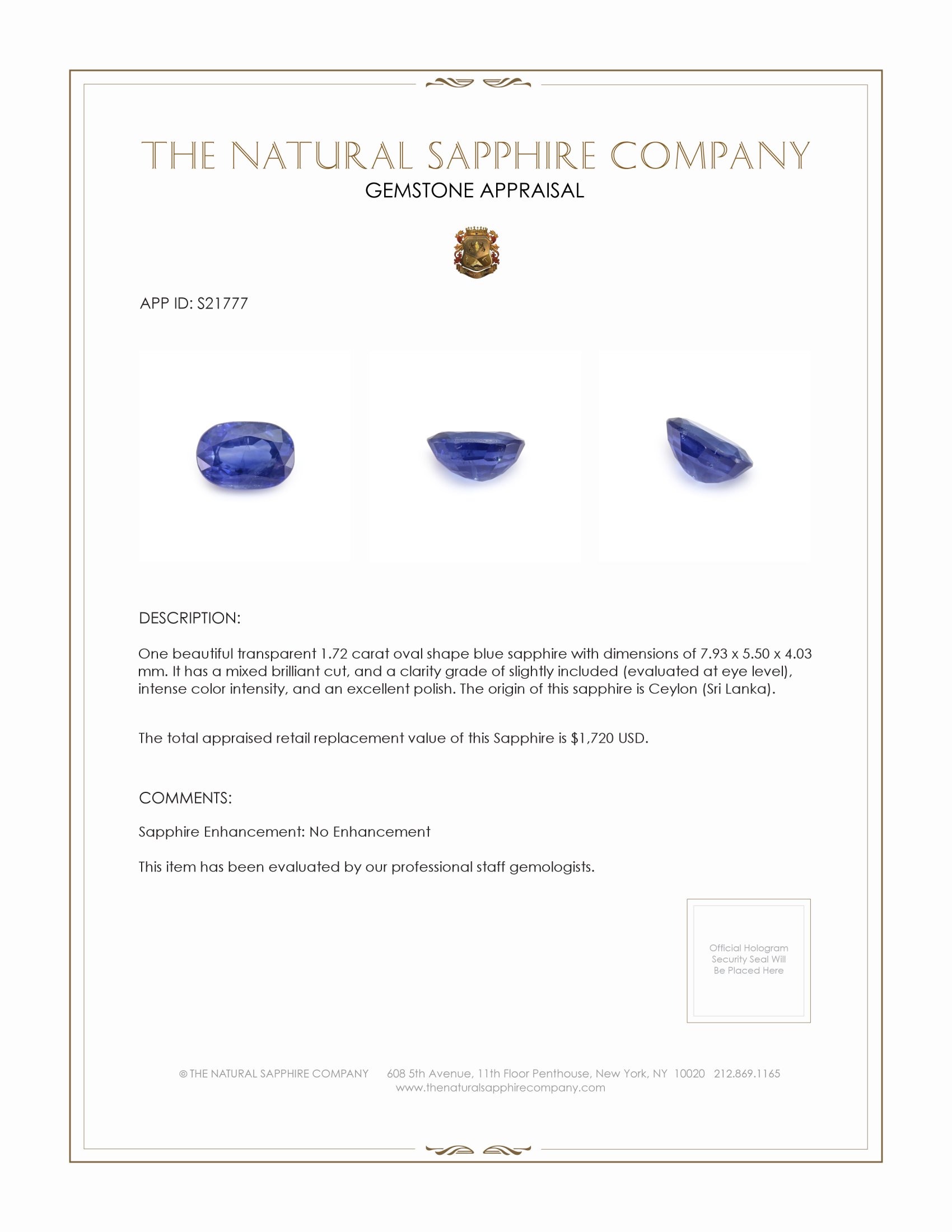1.72 Ct. Blue Sapphire from Ceylon (Sri Lanka)