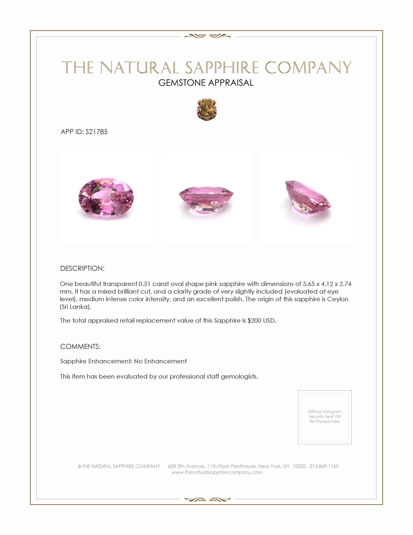 0.51 Ct. Pink Sapphire from Ceylon (Sri Lanka)