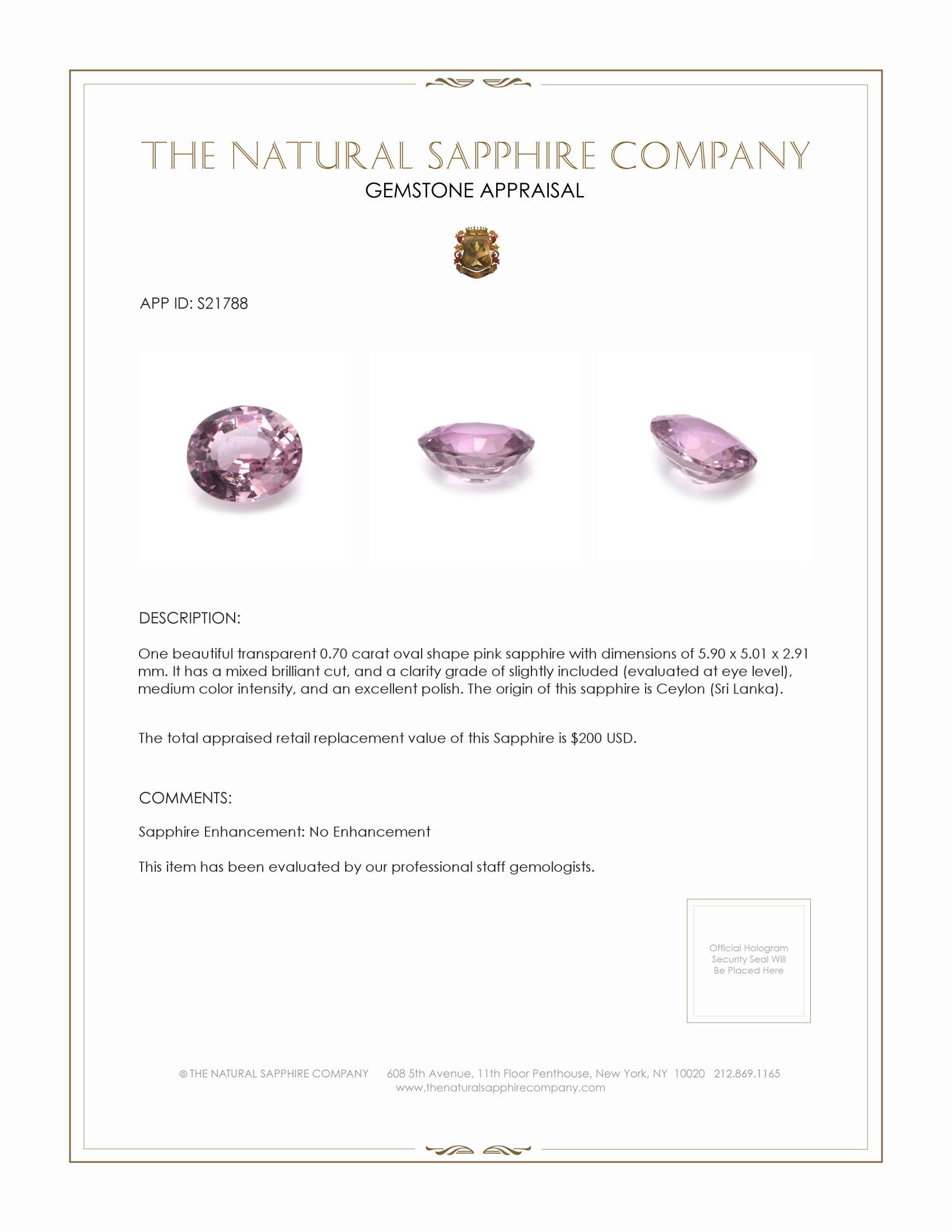 0.70 Ct. Pink Sapphire from Ceylon (Sri Lanka)
