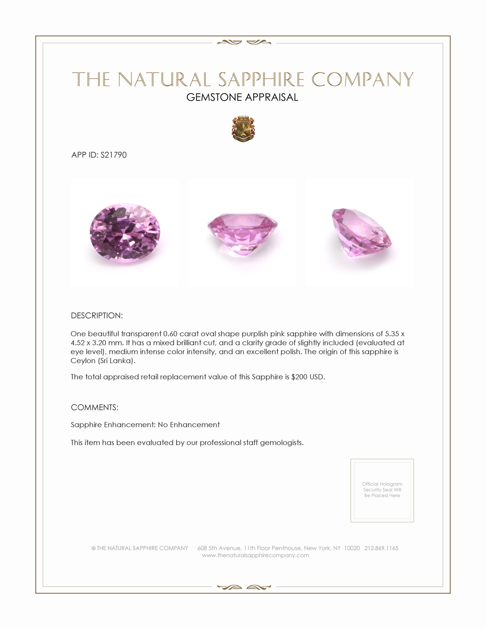 0.60 Ct. Purplish Pink Sapphire from Ceylon (Sri Lanka)