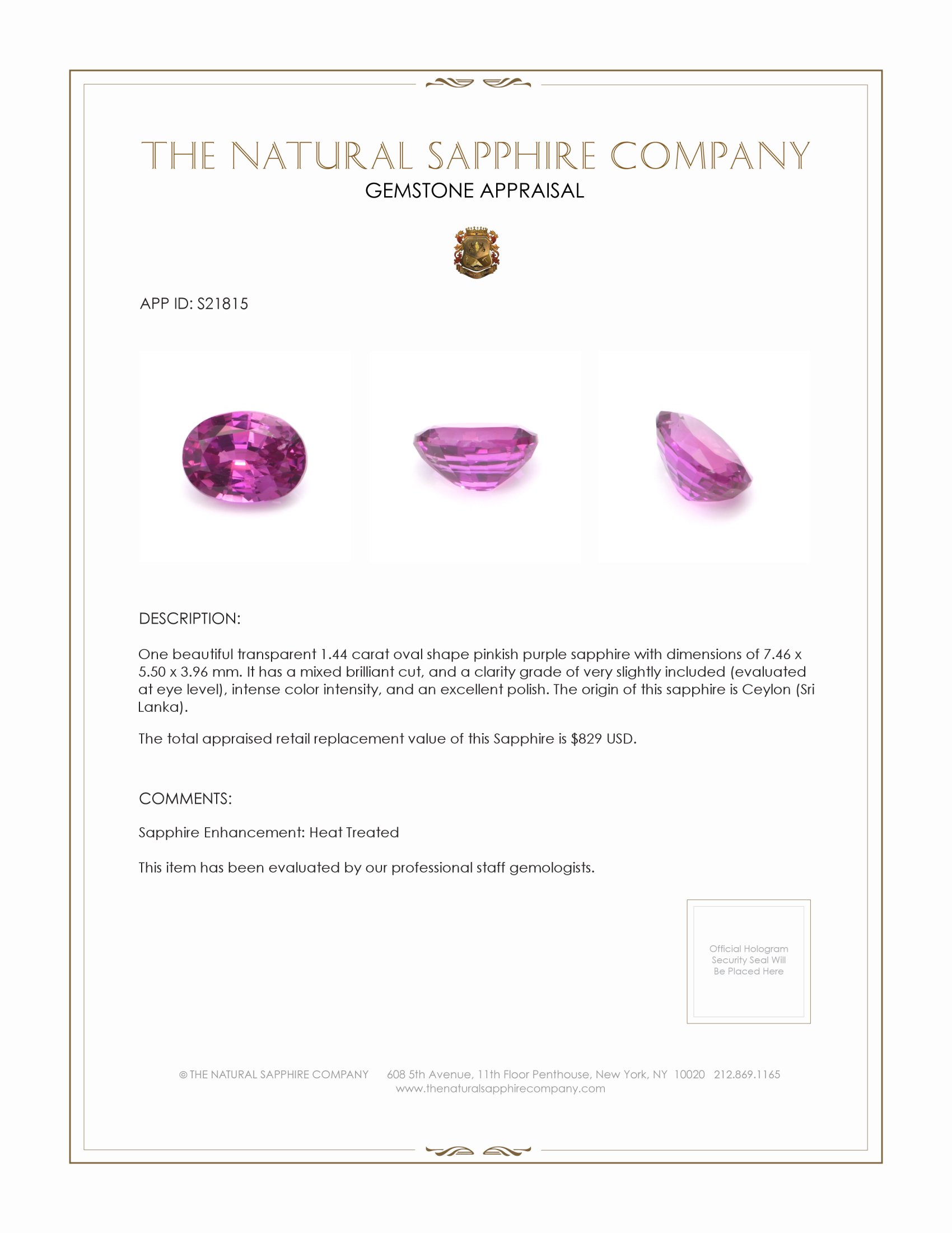 1.44 Ct. Pinkish Purple Sapphire from Ceylon (Sri Lanka)