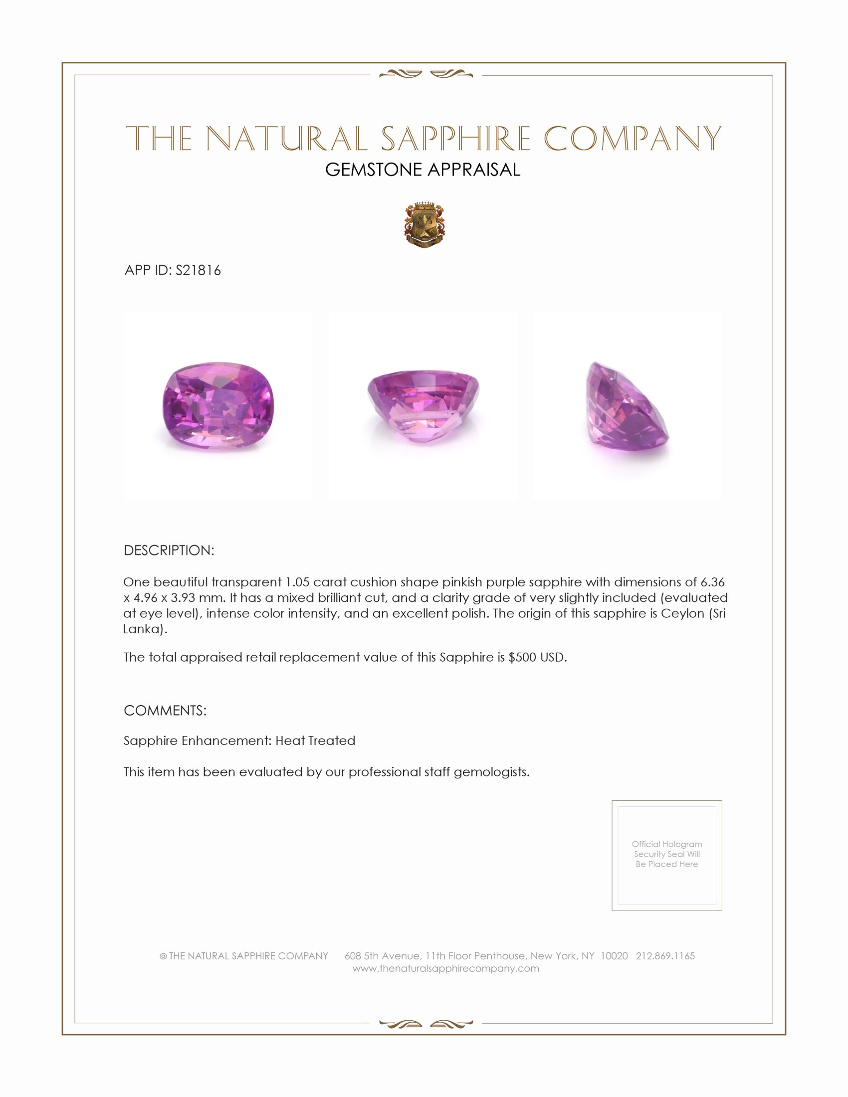 1.05 Ct. Pinkish Purple Sapphire from Ceylon (Sri Lanka)