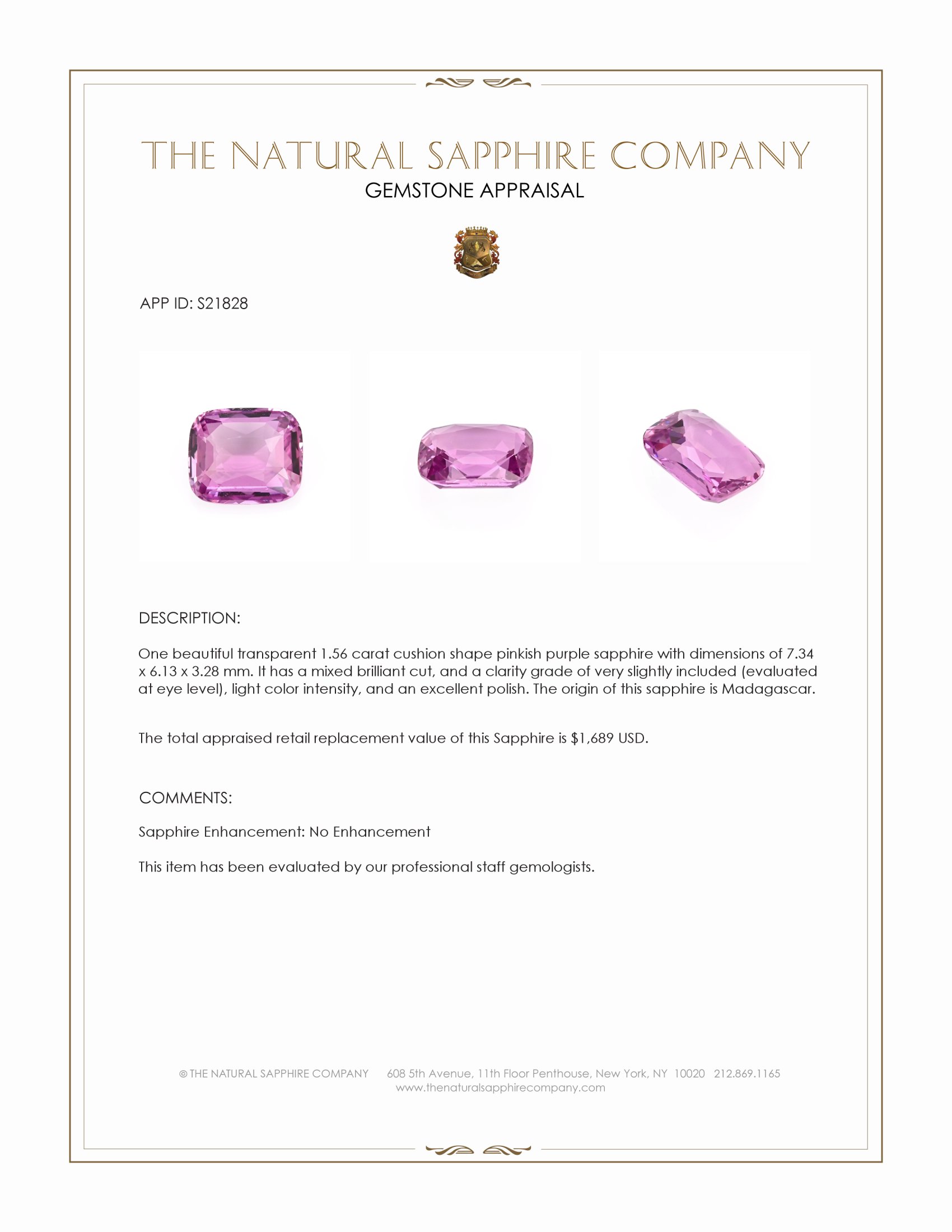 1.56 Ct. Purplish Pink Sapphire from Madagascar
