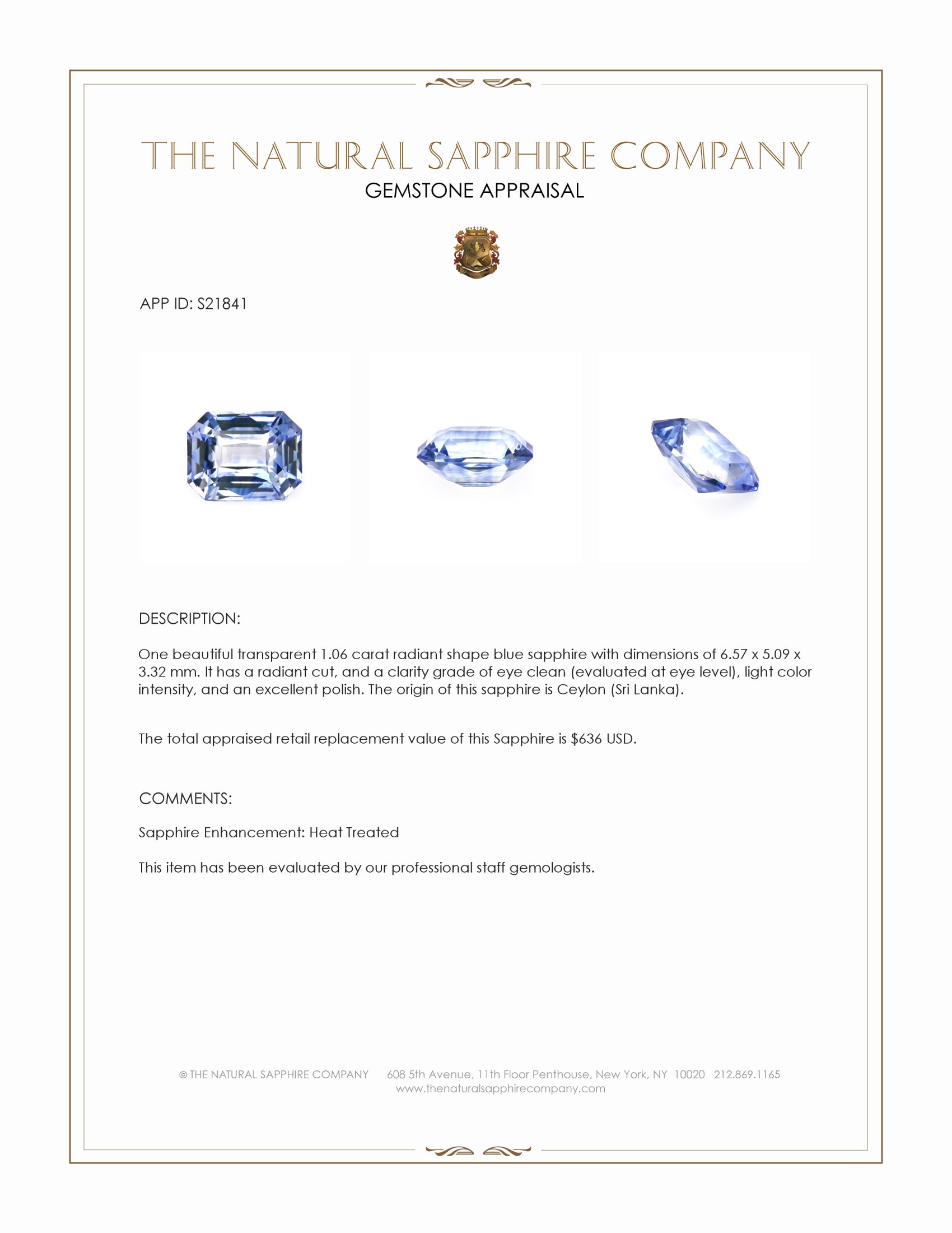 1.06 Ct. Blue Sapphire from Ceylon (Sri Lanka)