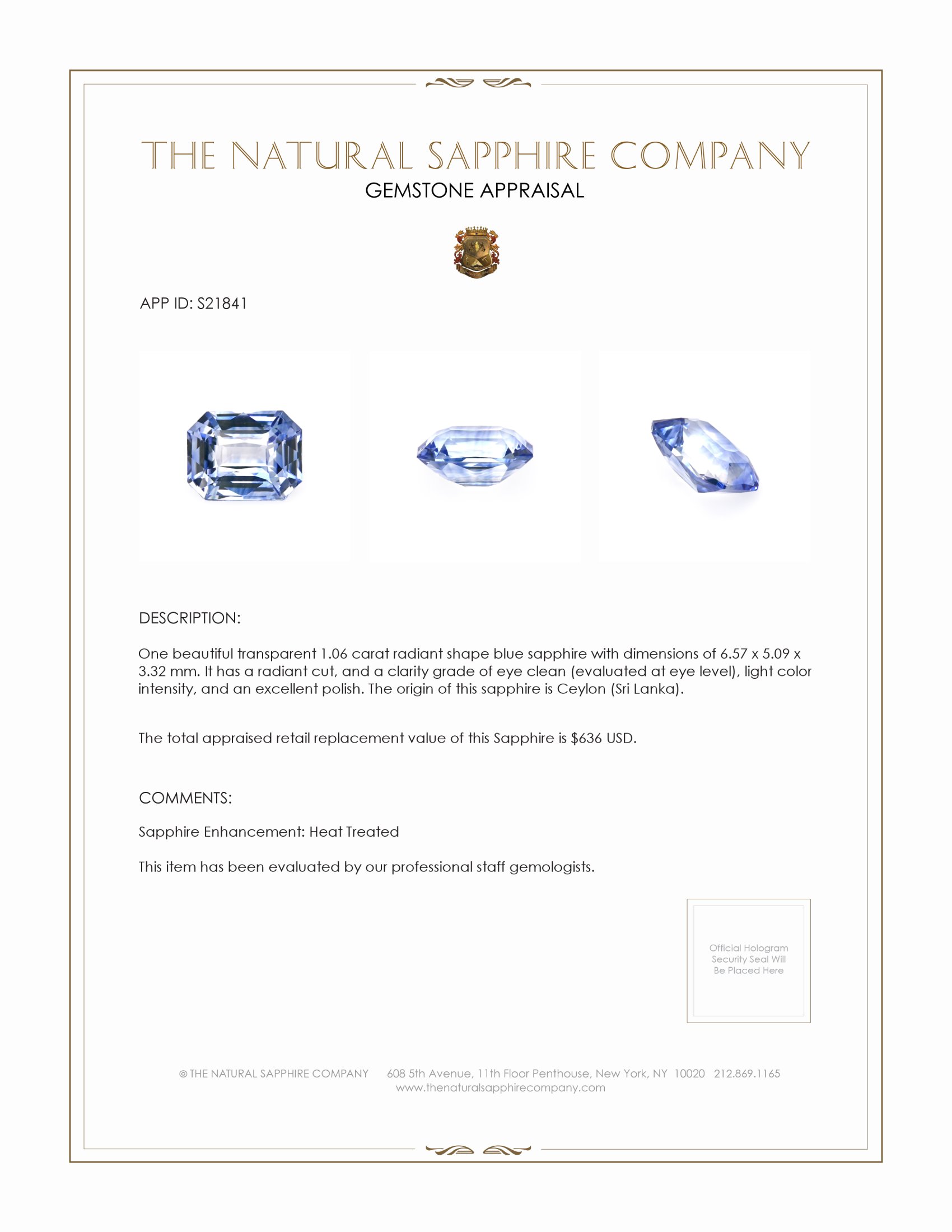1.06 Ct. Blue Sapphire from Ceylon (Sri Lanka)