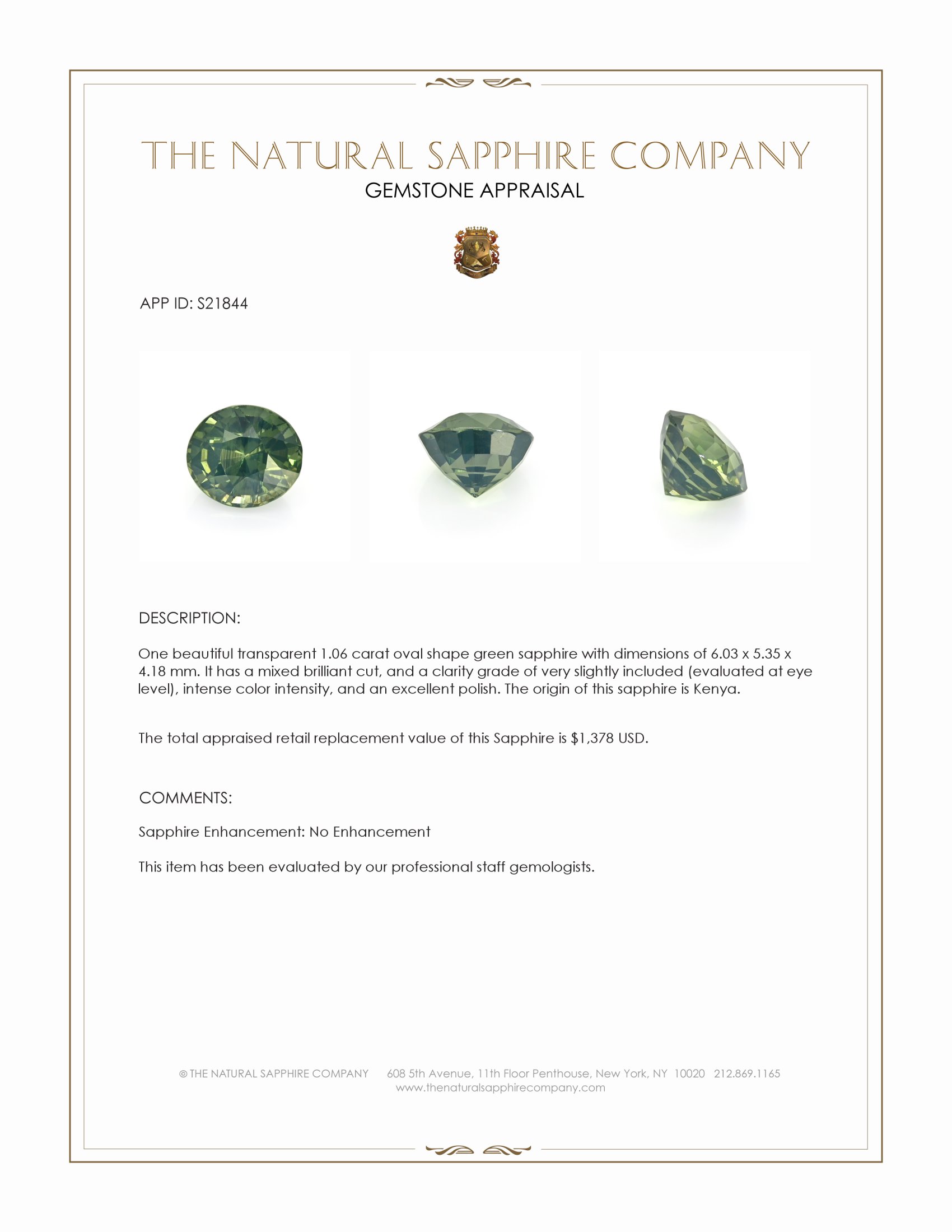 1.06 Ct. Green Sapphire from Kenya