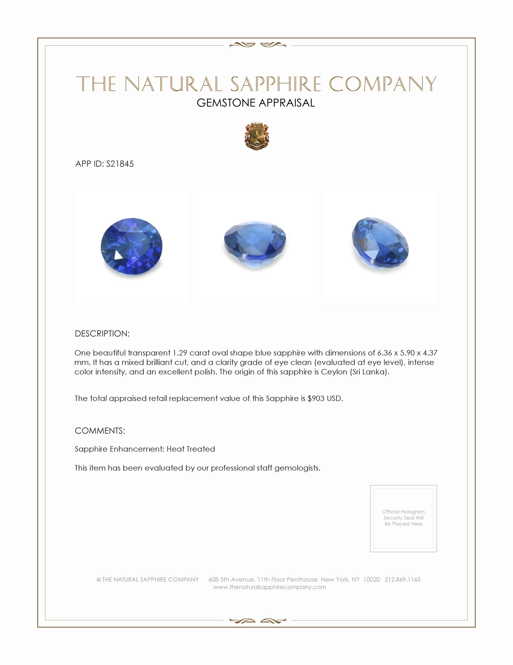 1.29 Ct. Blue Sapphire from Ceylon (Sri Lanka)