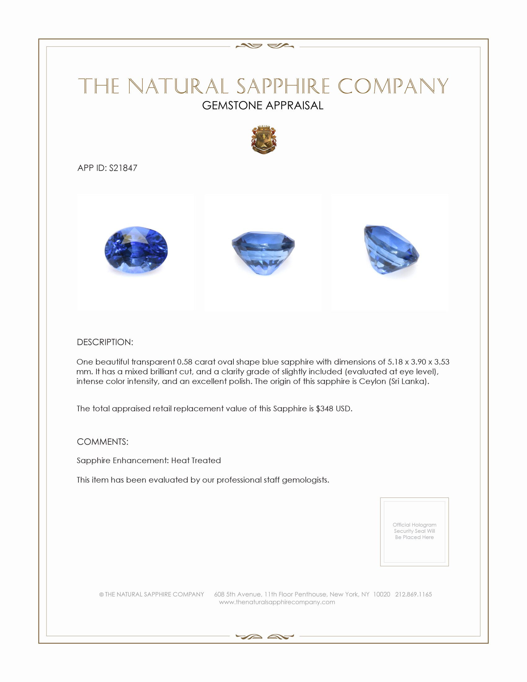 0.58 Ct. Blue Sapphire from Ceylon (Sri Lanka)