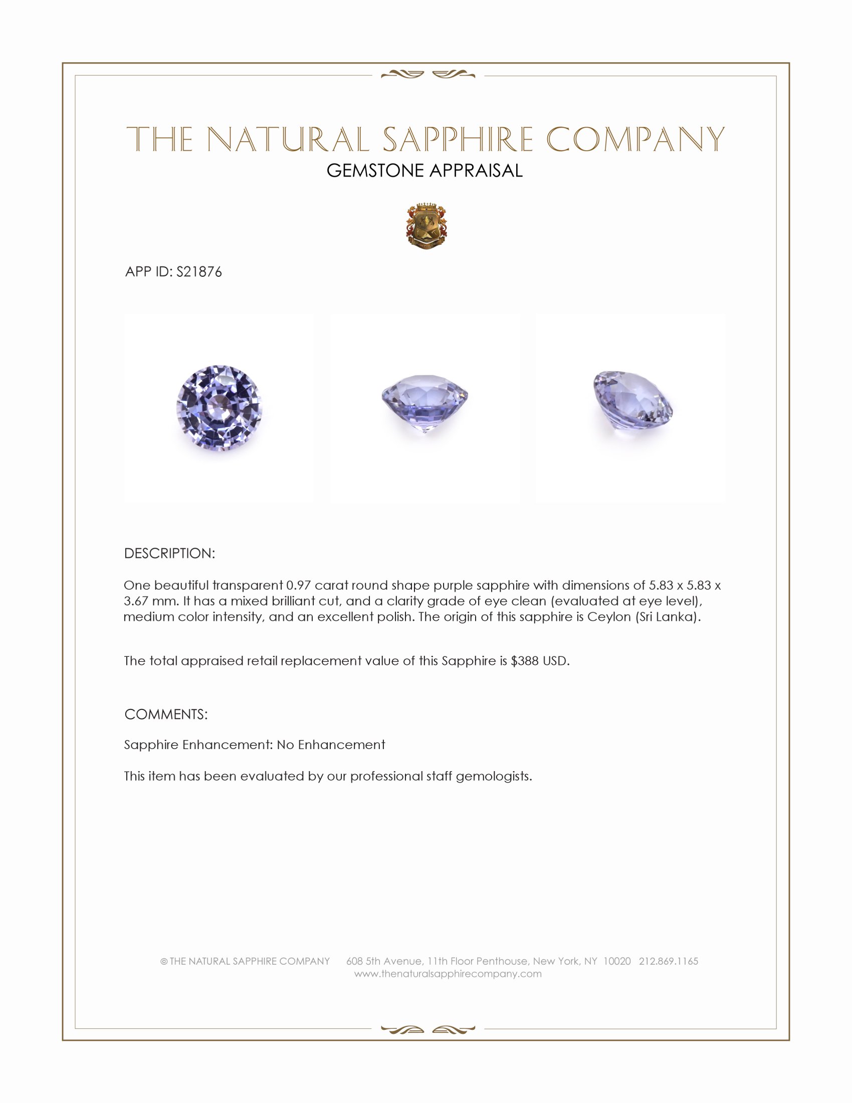 0.97 Ct. Purple Sapphire from Ceylon (Sri Lanka)