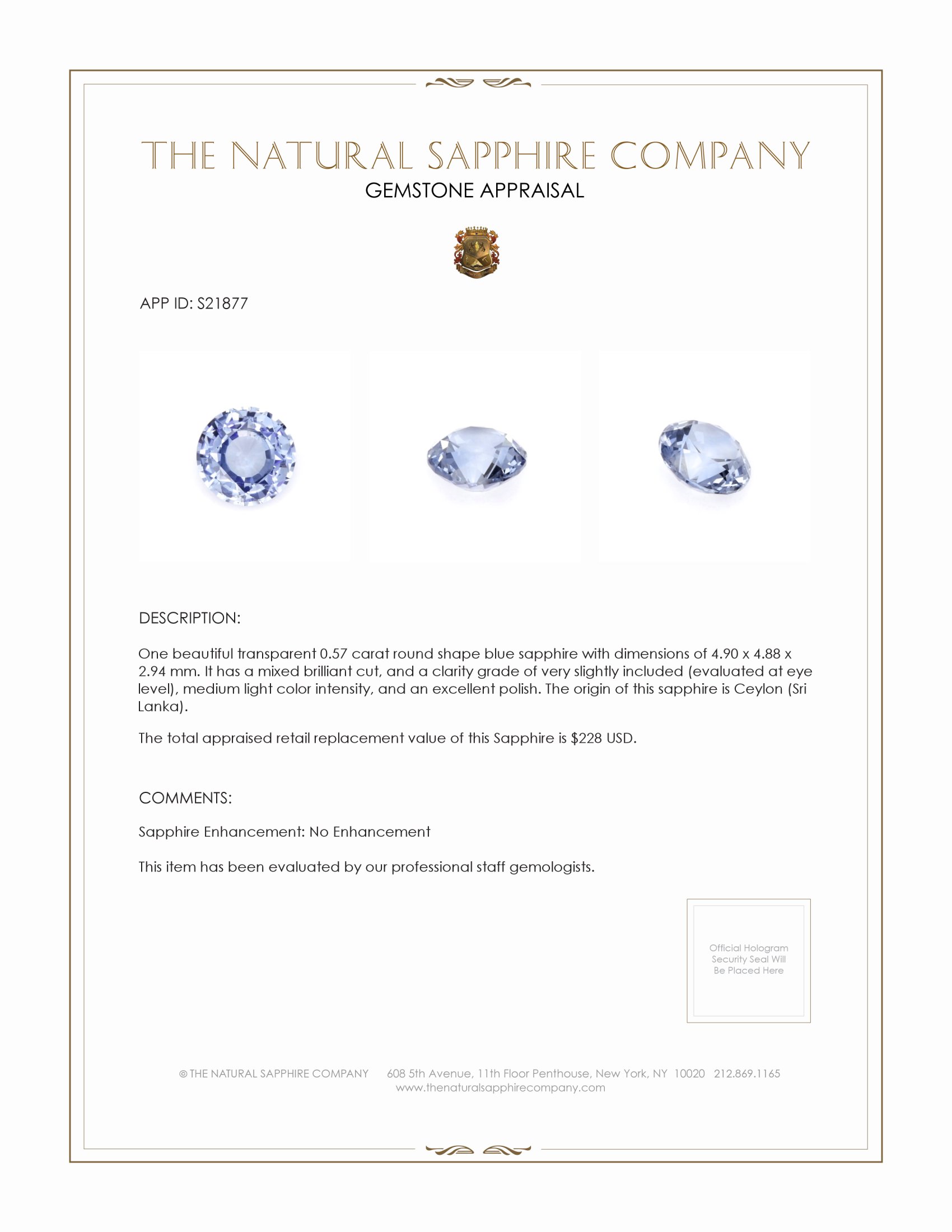 0.57 Ct. Blue Sapphire from Ceylon (Sri Lanka)