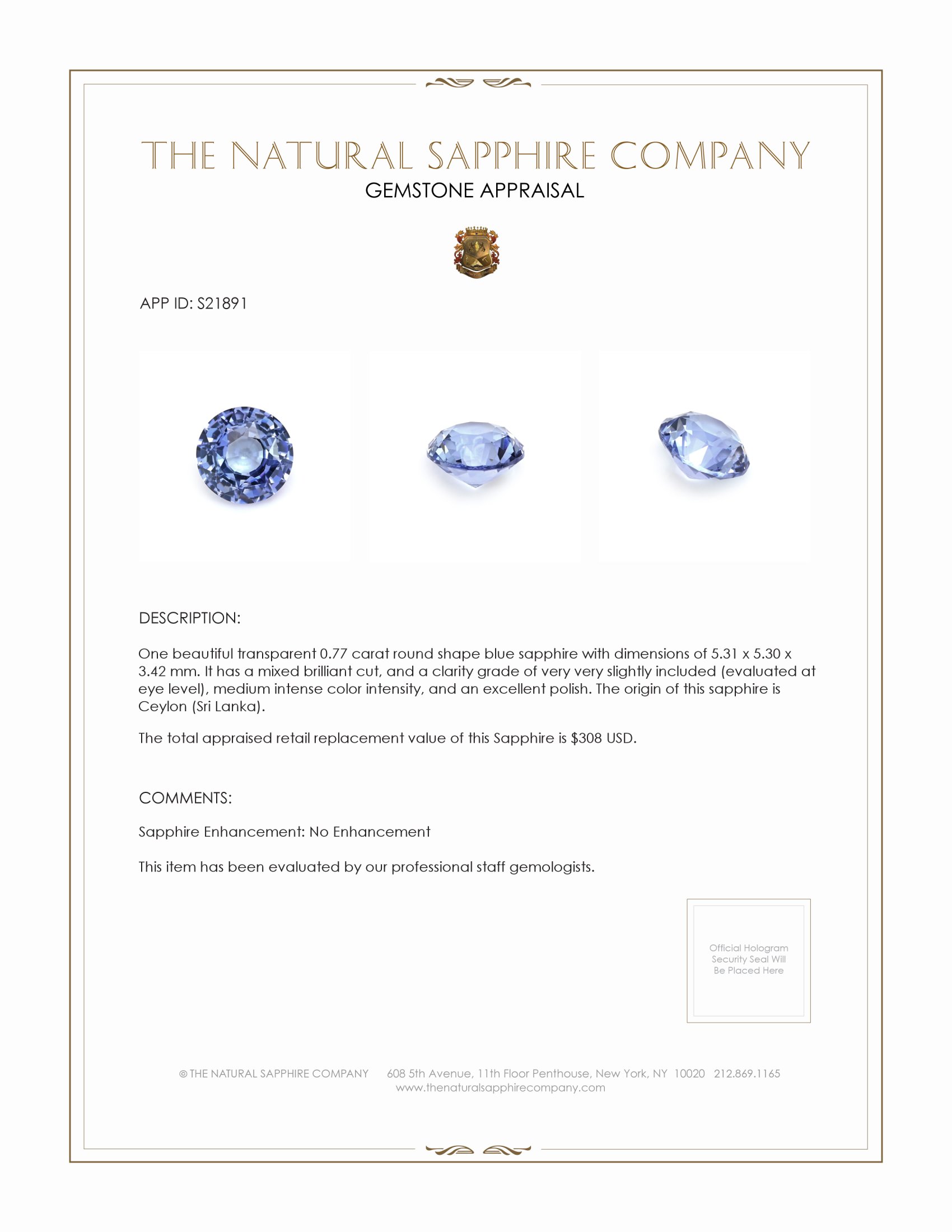 0.77 Ct. Blue Sapphire from Ceylon (Sri Lanka)