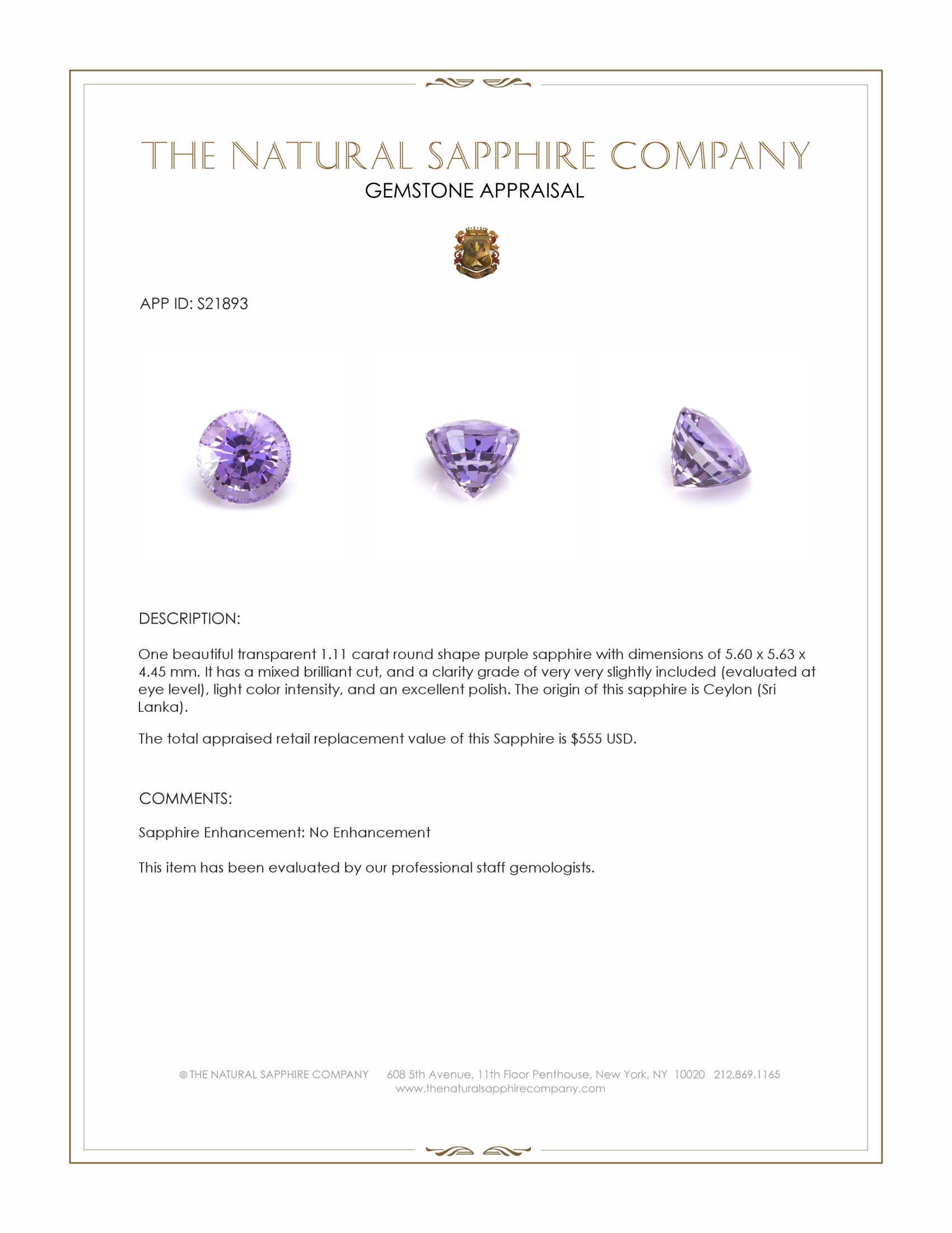 1.11 Ct. Purple Sapphire from Ceylon (Sri Lanka)