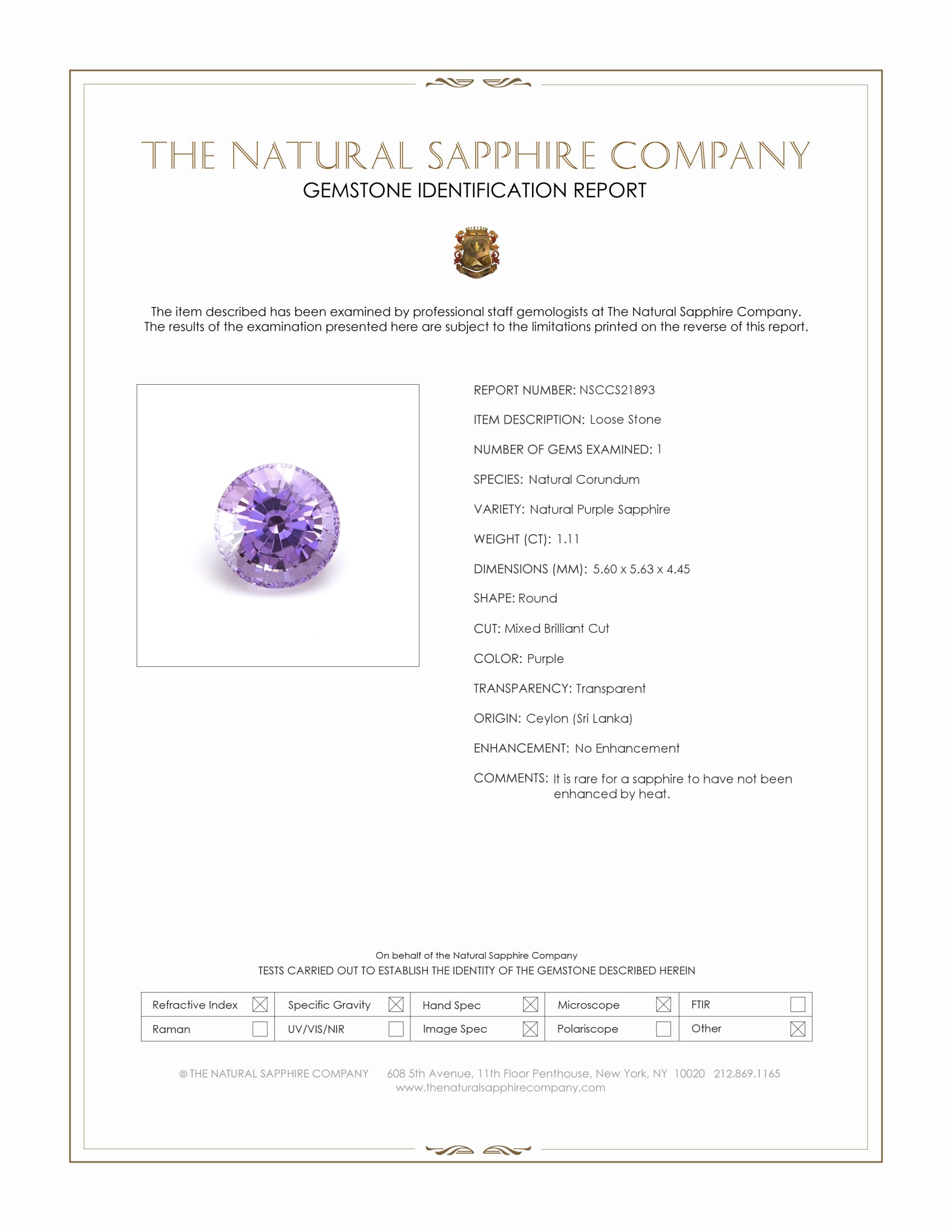 1.11 Ct. Purple Sapphire from Ceylon (Sri Lanka)