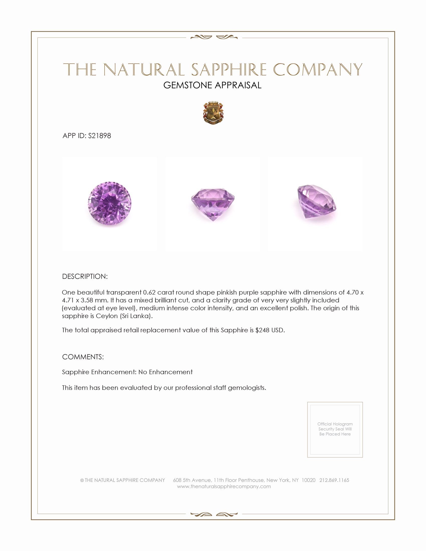 0.62 Ct. Pinkish Purple Sapphire from Ceylon (Sri Lanka)