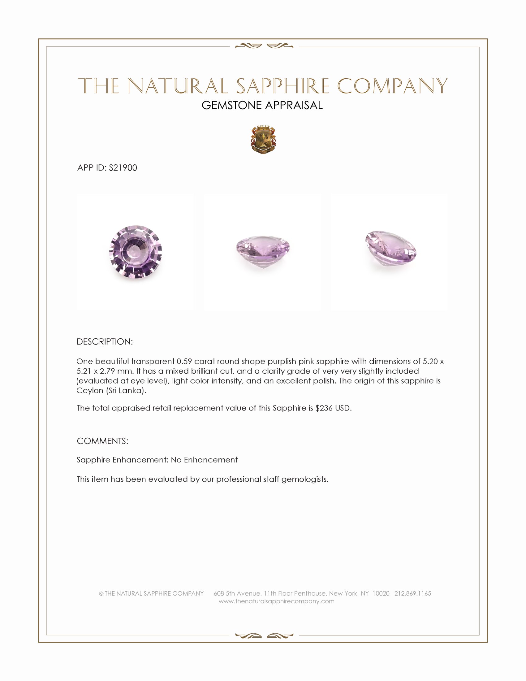0.59 Ct. Purplish Pink Sapphire from Ceylon (Sri Lanka)