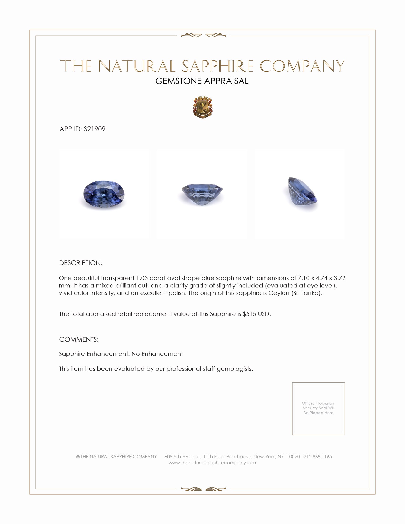 1.03 Ct. Blue Sapphire from Ceylon (Sri Lanka)